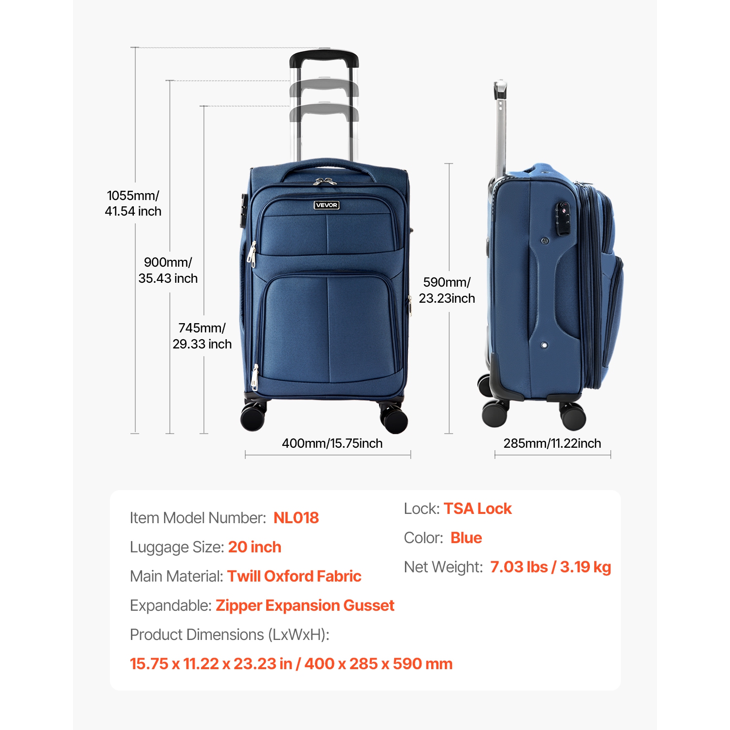 Valise souple extensible de 20&nbsp;po VEVOR avec roulettes pivotantes, bagage de cabine souple, valise enregistrée légère avec pochette extensible à