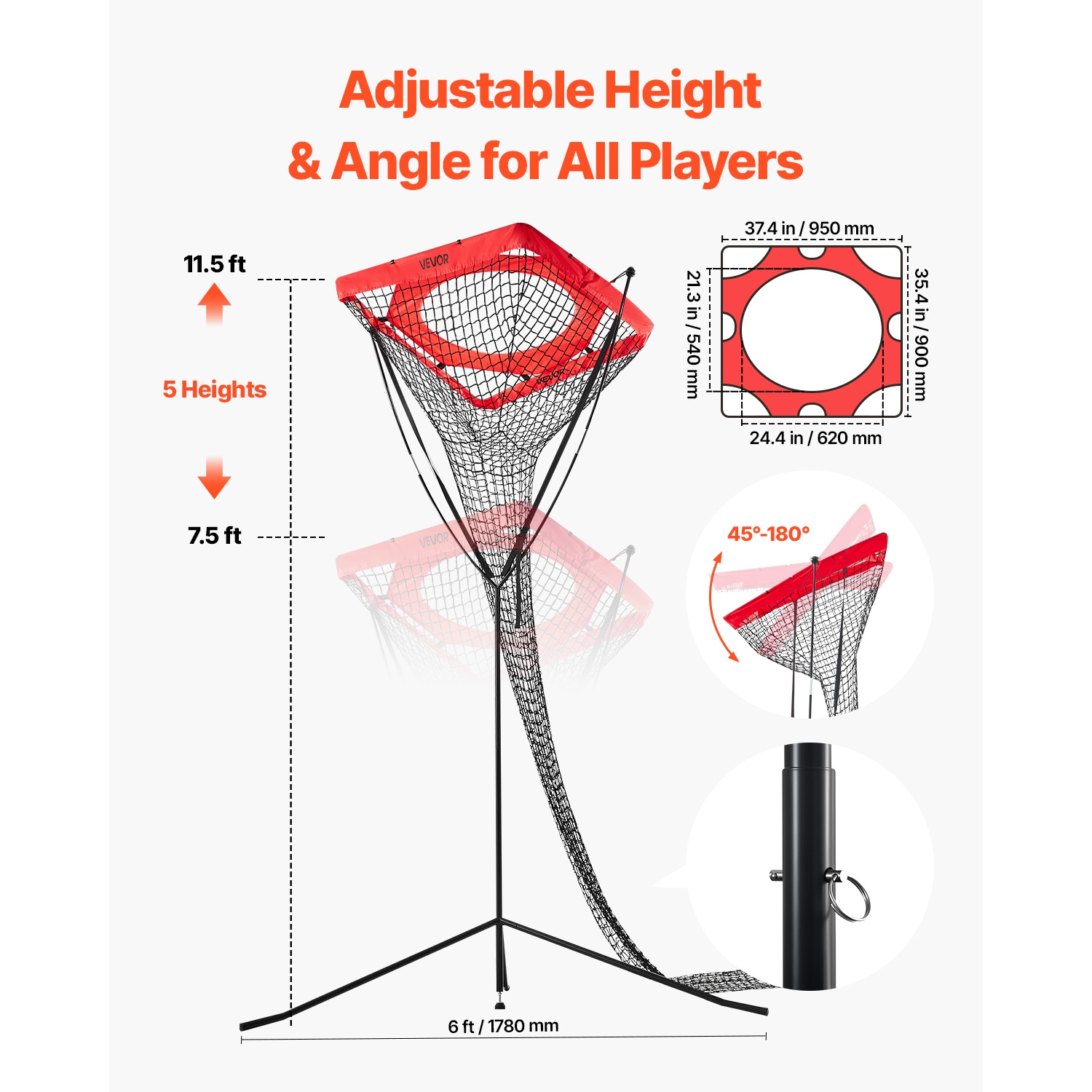 VEVOR Volleyball Setter Training Equipment, Angle and Height Adjustable Trainer, Portable Practice Net with Steel Base, Carrying Bag, Target Net for