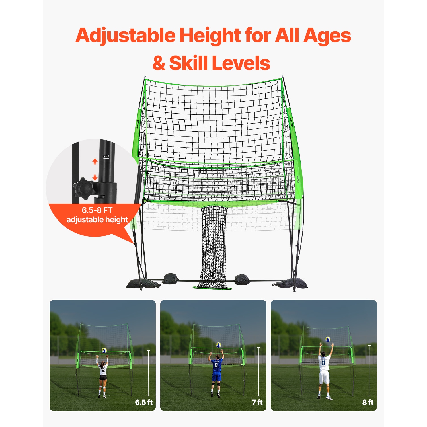 VEVOR 8x11ft Volleyball Training Net System, Freely Height-Adjustable Practice Equipment with Ball Return, Easy Setup for Backyard Indoor Outdoor