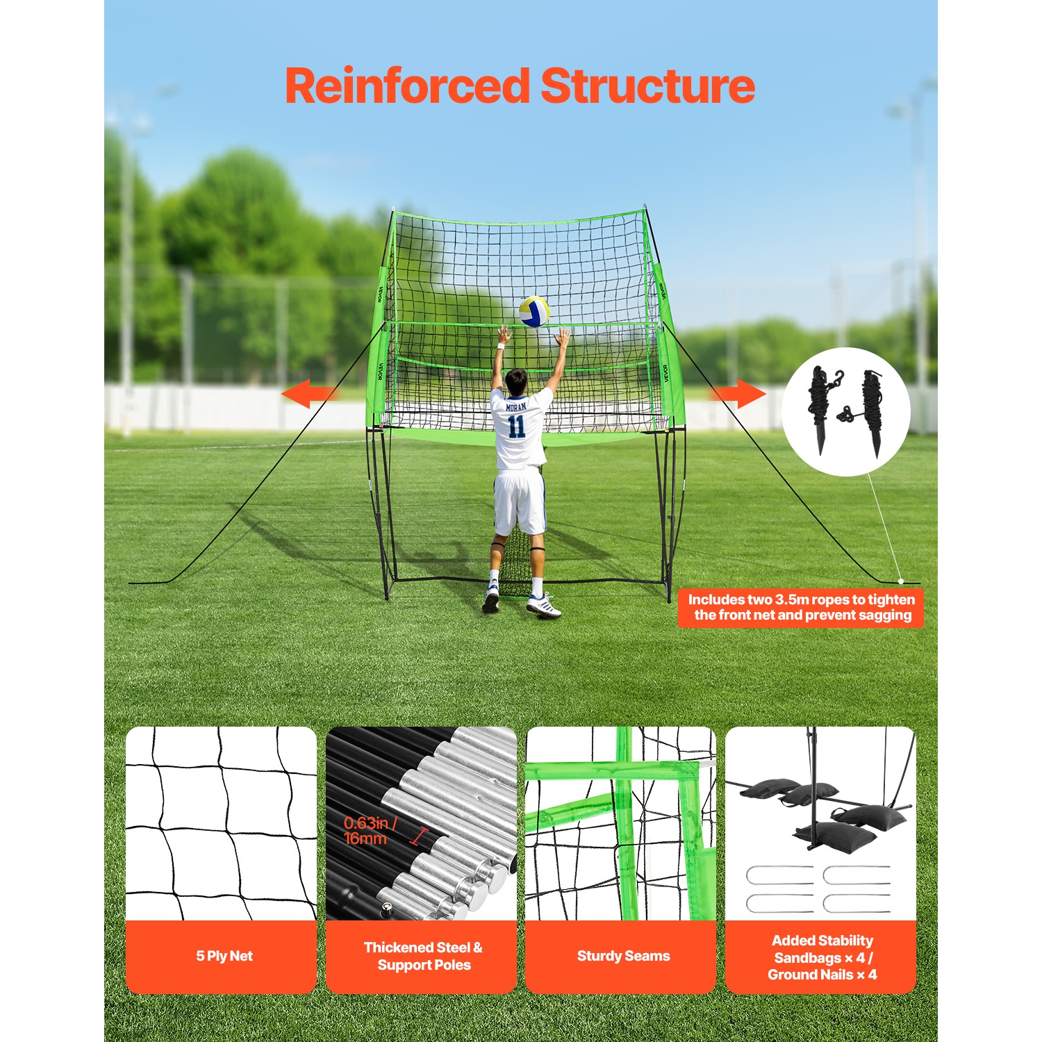 VEVOR 8x11ft Volleyball Training Net System, Freely Height-Adjustable Practice Equipment with Ball Return, Easy Setup for Backyard Indoor Outdoor