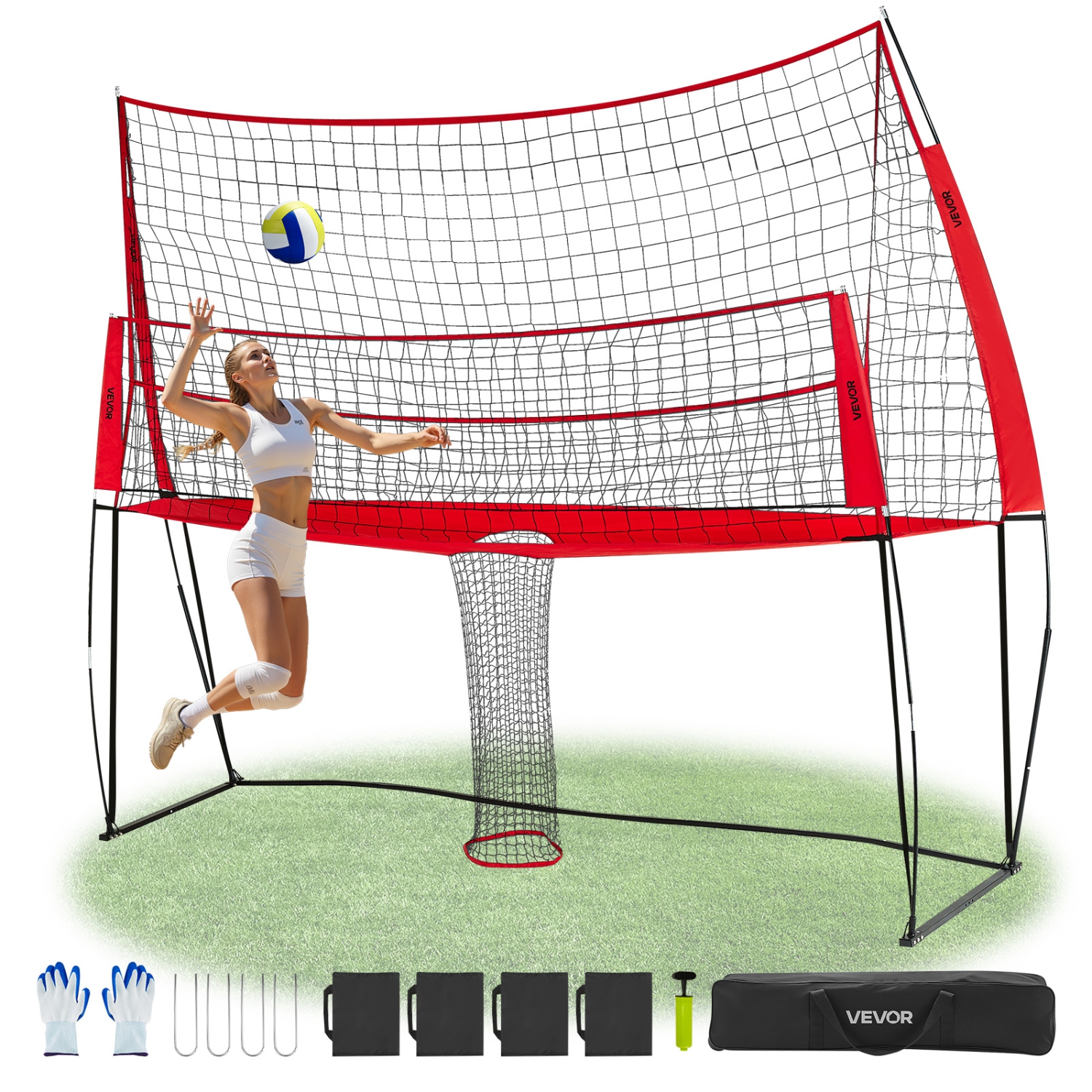 VEVOR 2-in-1 Volleyball Training Net System, Freely Height-Adjustable Practice Equipment with Ball Return, Portable Net, Easy Setup for Backyard