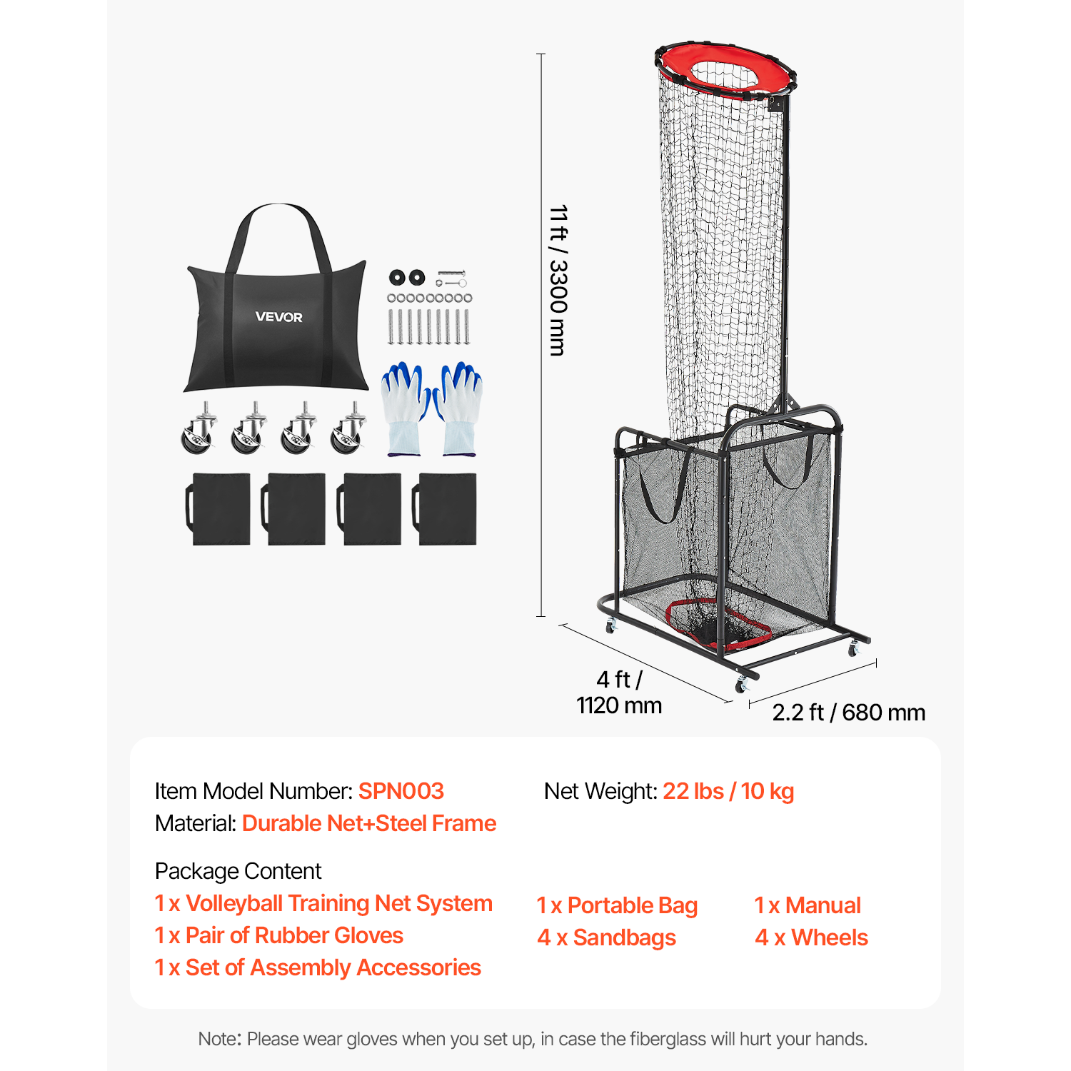 VEVOR Volleyball Setter Training Equipment, Angle and Height Adjustable, Portable Practice Net with Cart, Wheels, Carrying Bag, Indoor/Outdoor Net