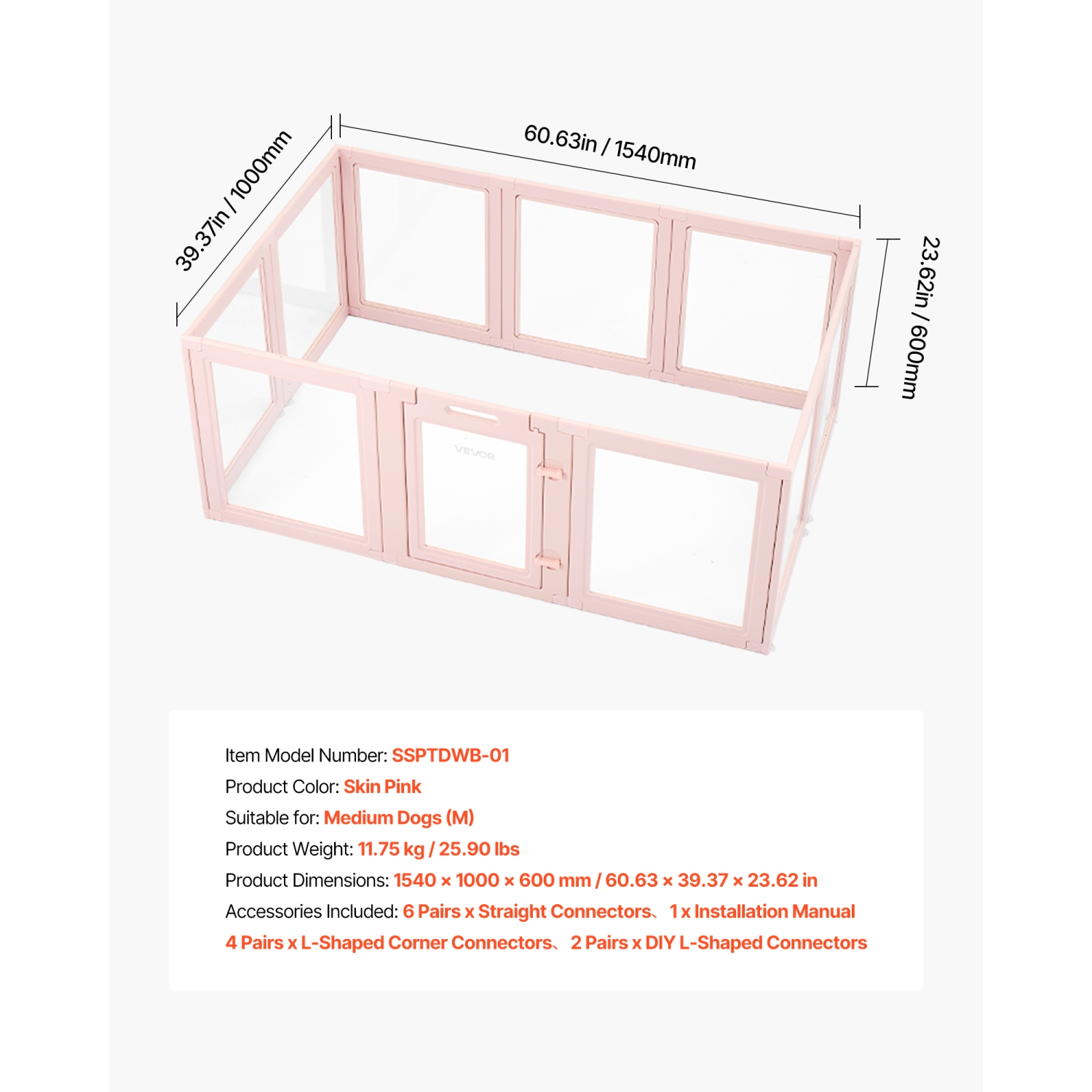 VEVOR 60x39x23in Dog Whelping Box, Plastic for Medium Sized Dogs, Waterproof Transparent Puppy Playpen with Windows & Door Lock, Easy to Clean,