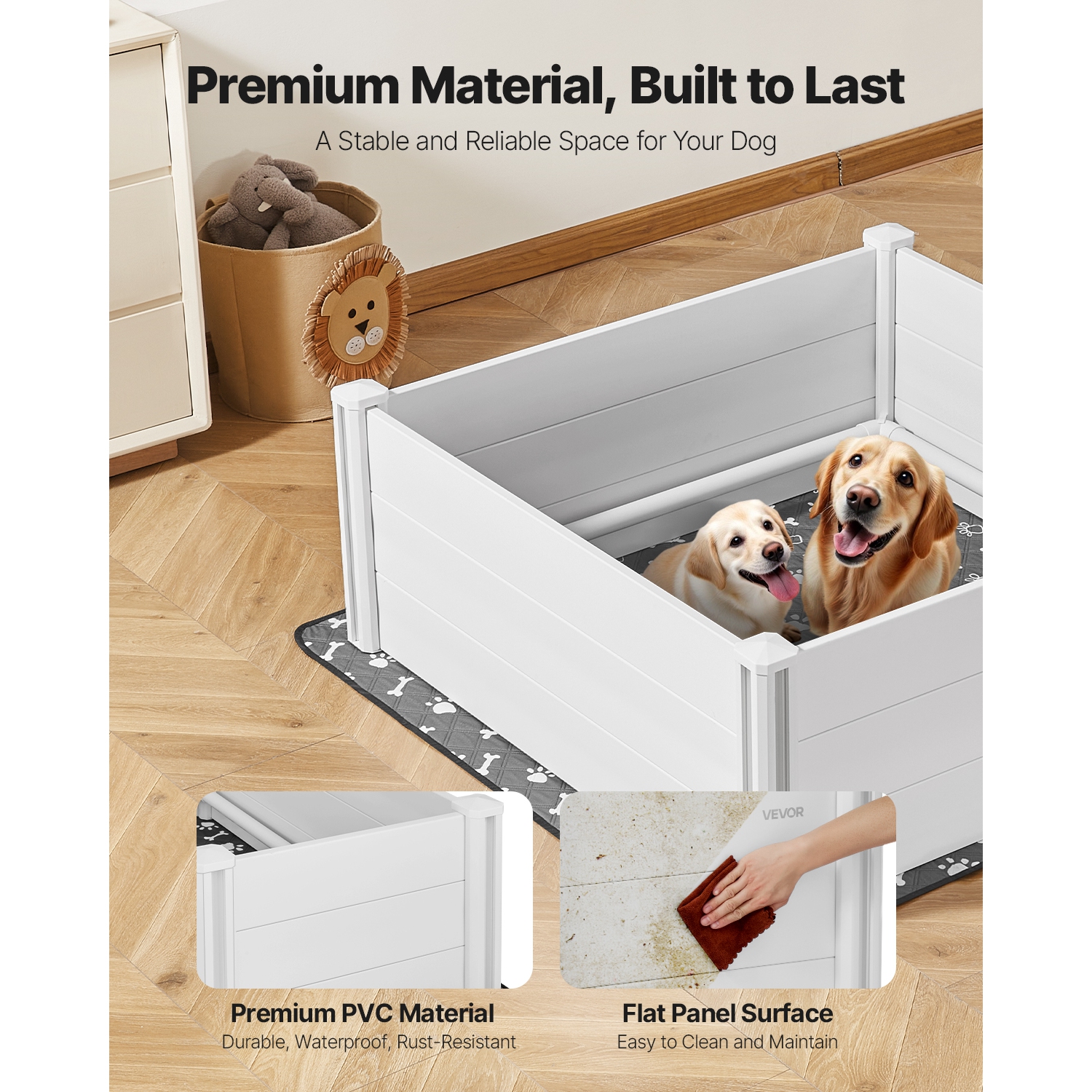 VEVOR 48 x 48 x 18.1 in Dogs Whelping Box, Plastic PVC Puppies Playpen with Height Adjustable Door and Washable Pee Pad, Anti-Deformation, for Large