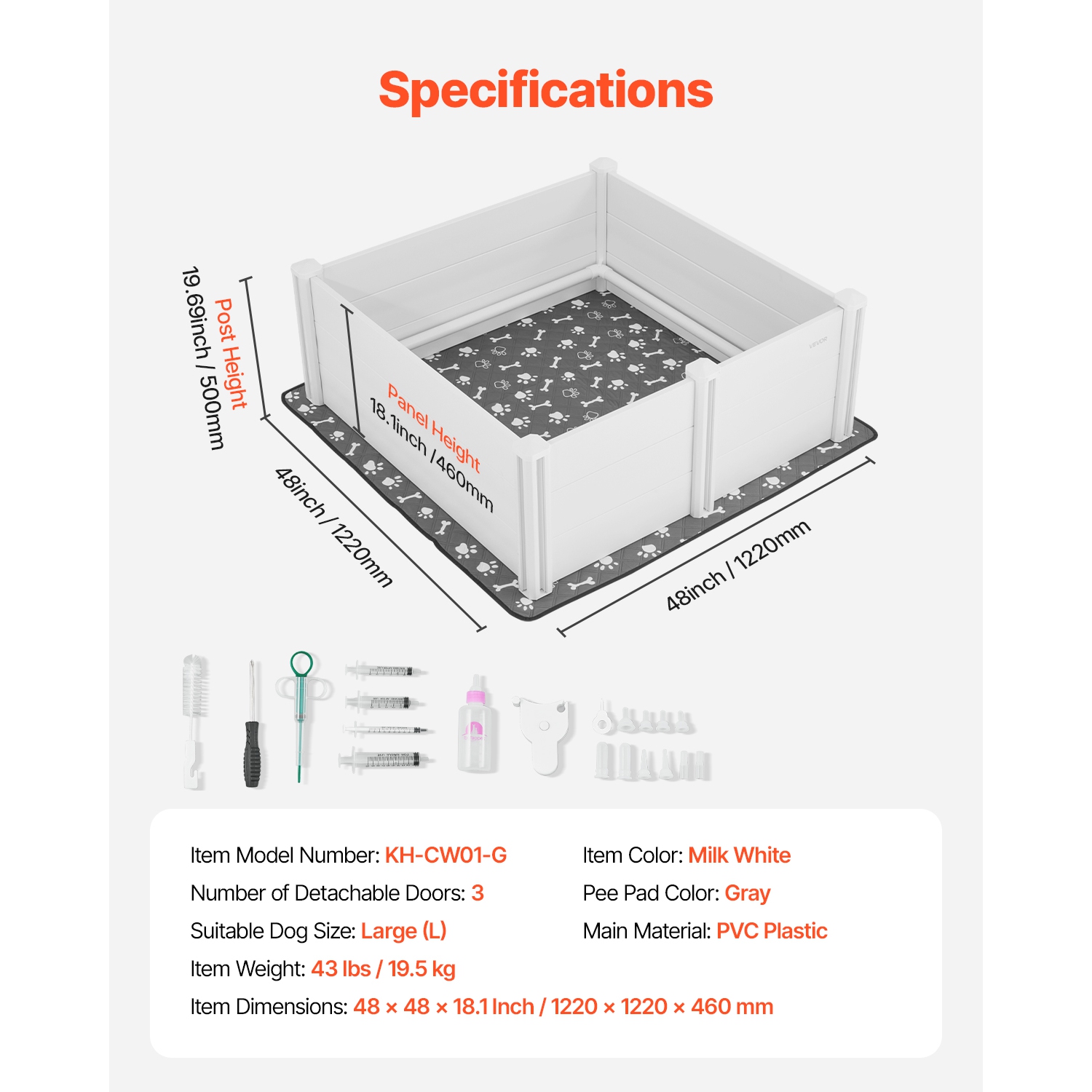 VEVOR 48 x 48 x 18.1 in Dogs Whelping Box, Plastic PVC Puppies Playpen with Height Adjustable Door and Washable Pee Pad, Anti-Deformation, for Large