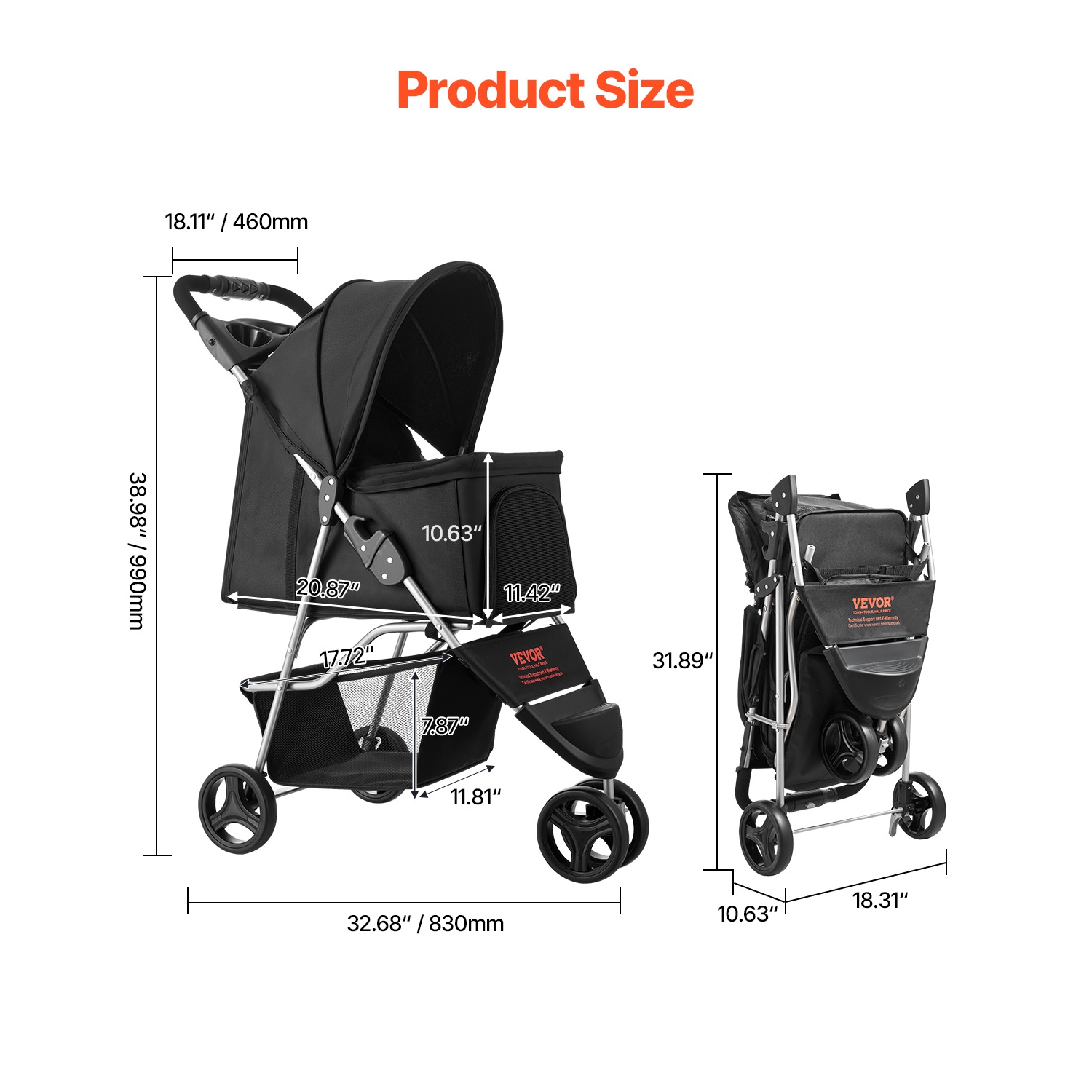 VEVOR 35lbs Capacity Pet Stroller, Foldable Stroller Cart, 3-Wheel Stroller with Mesh Windows and Cup Holders, Portable Pet Carrier Stroller with