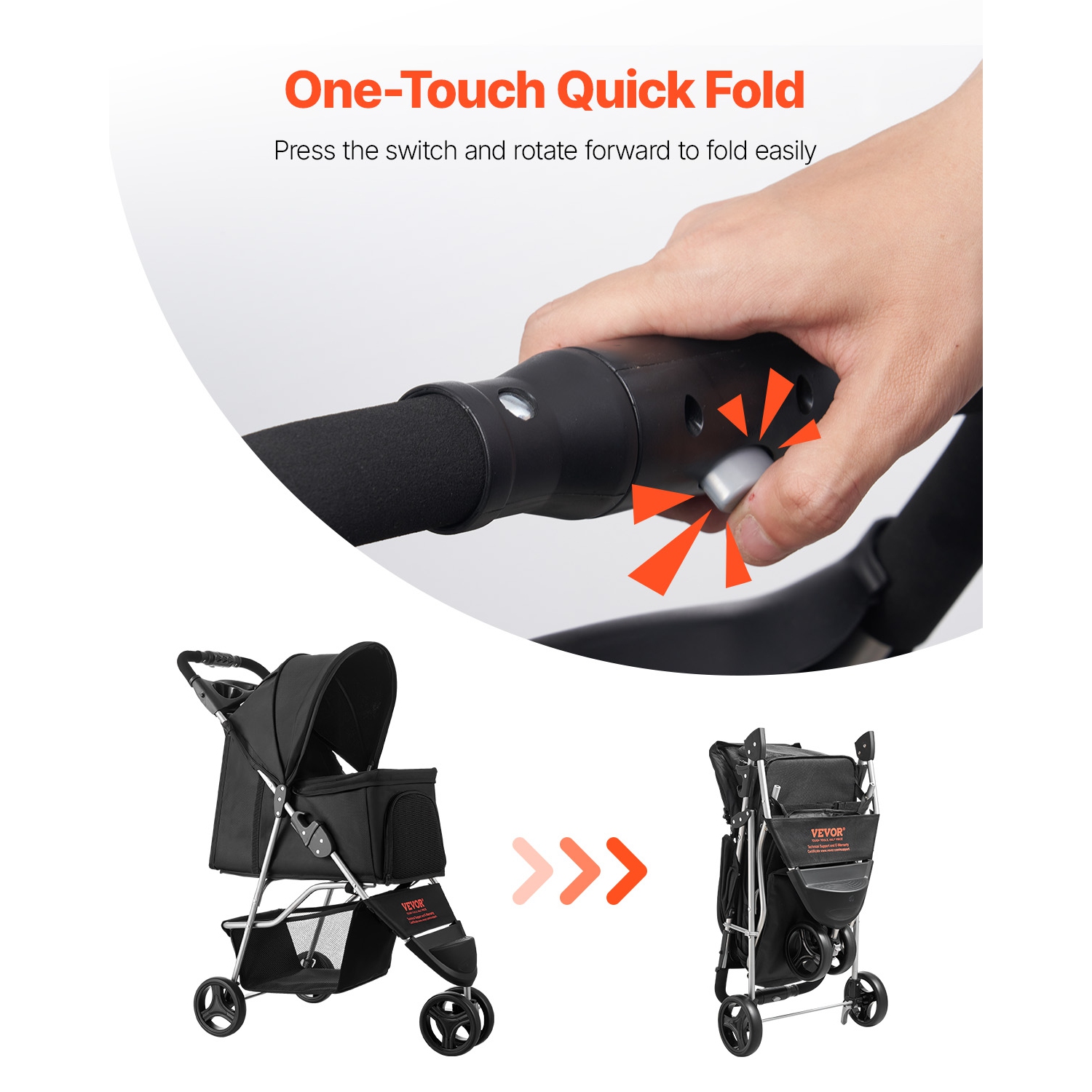 VEVOR 35lbs Capacity Pet Stroller, Foldable Stroller Cart, 3-Wheel Stroller with Mesh Windows and Cup Holders, Portable Pet Carrier Stroller with