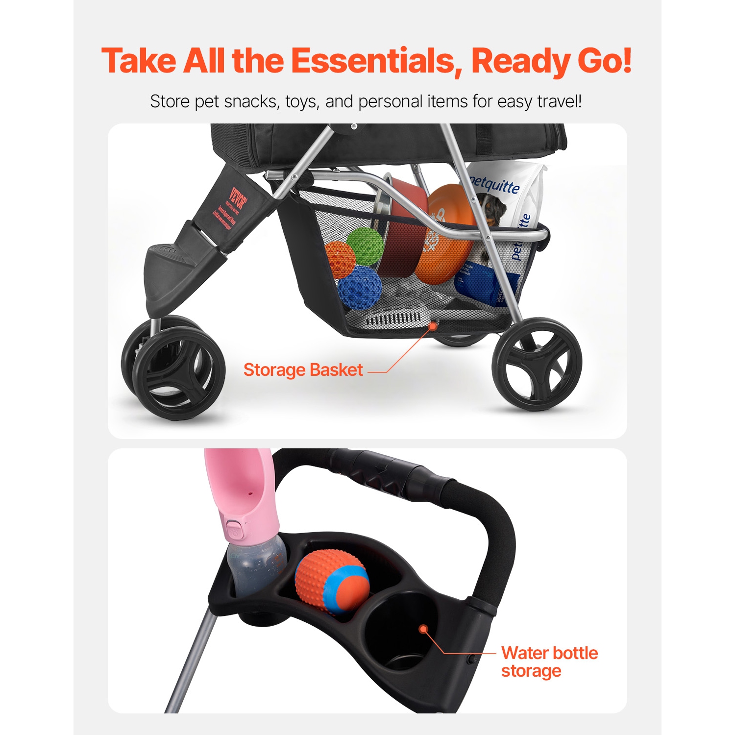 VEVOR 35lbs Capacity Pet Stroller, Foldable Stroller Cart, 3-Wheel Stroller with Mesh Windows and Cup Holders, Portable Pet Carrier Stroller with