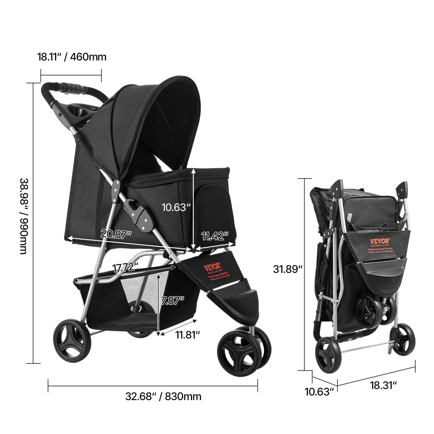 VEVOR 35lbs Capacity Pet Stroller, Foldable Stroller Cart, 3-Wheel Stroller with Mesh Windows and Cup Holders, Portable Pet Carrier Stroller with