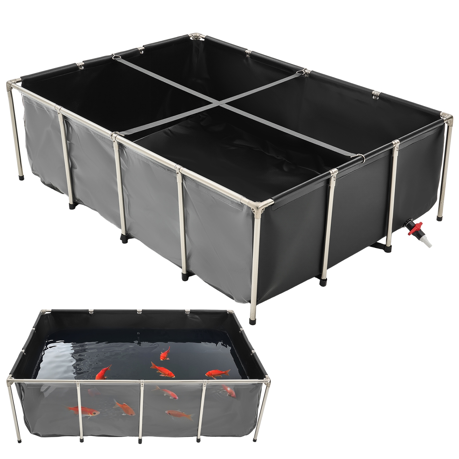 VEVOR 470Gal Canvas Fish Pond, Above Ground Fish Pond, PVC Koi Tank with Clear Panel, Rectangular Tank with Stainless Steel Frame & Drain Valve, for
