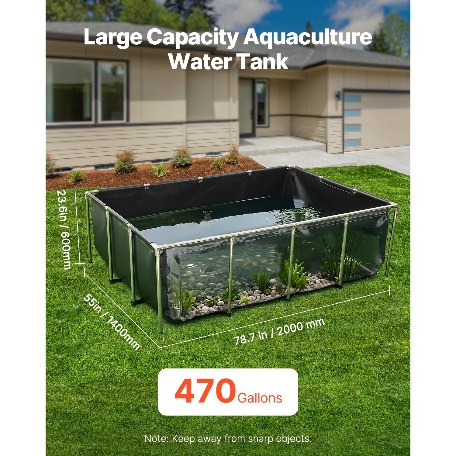 VEVOR 470Gal Canvas Fish Pond, Above Ground Fish Pond, PVC Koi Tank with Clear Panel, Rectangular Tank with Stainless Steel Frame & Drain Valve, for