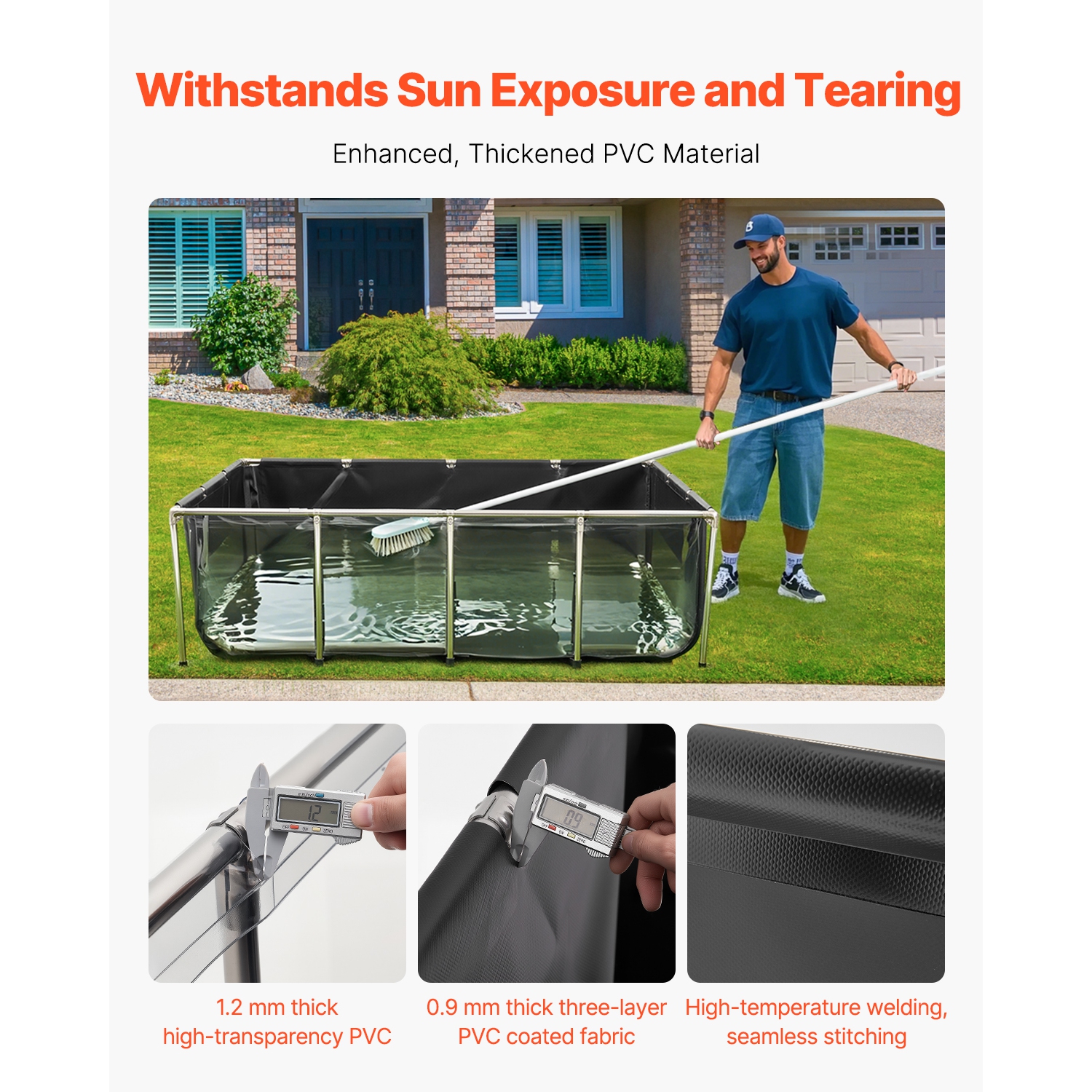 VEVOR 470Gal Canvas Fish Pond, Above Ground Fish Pond, PVC Koi Tank with Clear Panel, Rectangular Tank with Stainless Steel Frame & Drain Valve, for