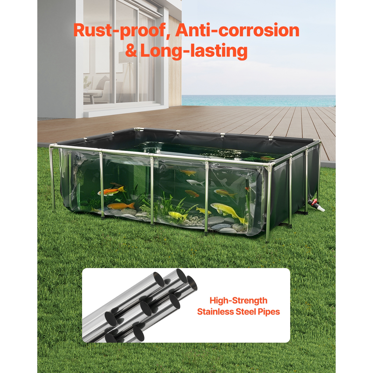 VEVOR 470Gal Canvas Fish Pond, Above Ground Fish Pond, PVC Koi Tank with Clear Panel, Rectangular Tank with Stainless Steel Frame & Drain Valve, for