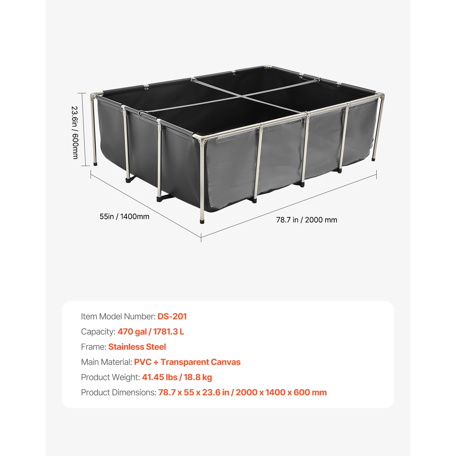 VEVOR 470Gal Canvas Fish Pond, Above Ground Fish Pond, PVC Koi Tank with Clear Panel, Rectangular Tank with Stainless Steel Frame & Drain Valve, for