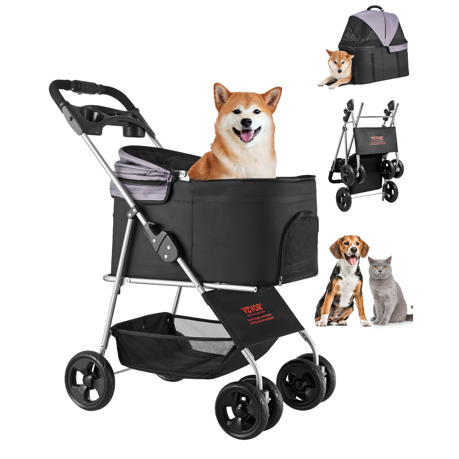 VEVOR 35lbs Capacity Pet Stroller, Foldable Dog Stroller Cart, 4-Wheel Cats Pram with Detachable Carrier & Mesh Windows, Portable Animal Carrier with