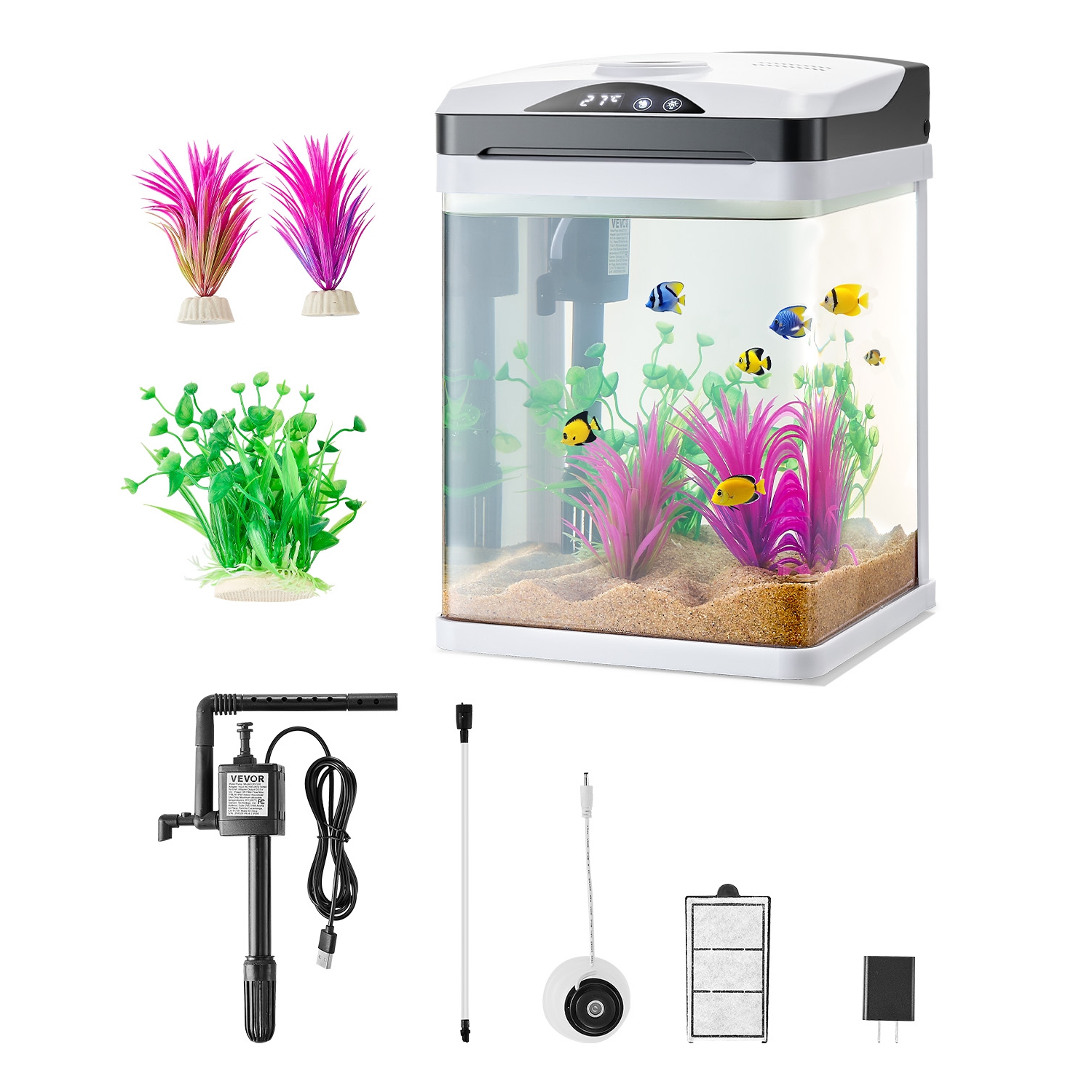 VEVOR 2 Gallon Fish Tank Aquarium, LED Square Ultra-Clear Glass Tank Temp. Monitoring, Adjustable 7-Color Lighting & Self-Cleaning, for