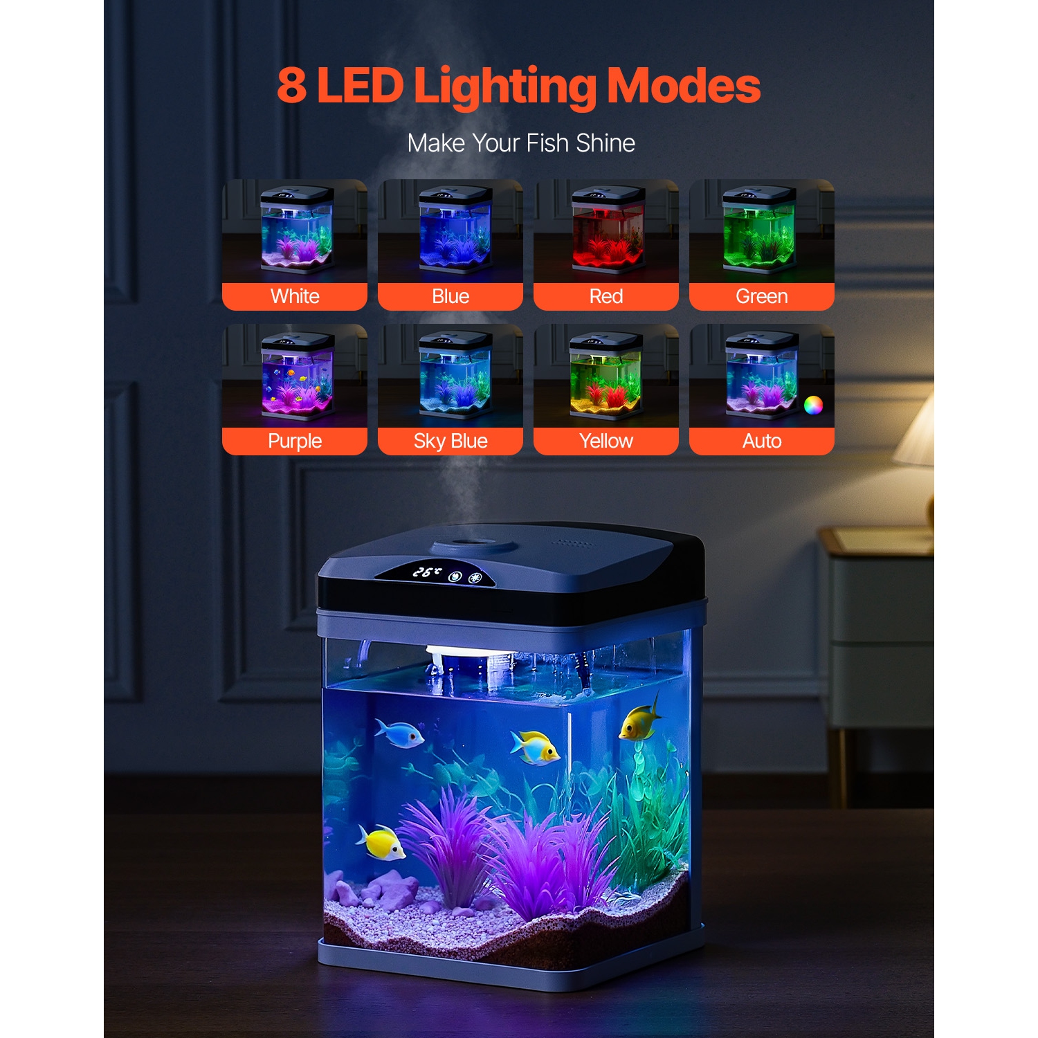 VEVOR 2 Gallon Fish Tank Aquarium, LED Square Ultra-Clear Glass Tank Temp. Monitoring, Adjustable 7-Color Lighting & Self-Cleaning, for