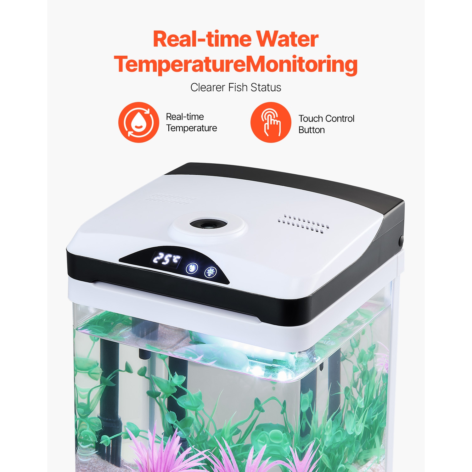 VEVOR 2 Gallon Fish Tank Aquarium, LED Square Ultra-Clear Glass Tank Temp. Monitoring, Adjustable 7-Color Lighting & Self-Cleaning, for