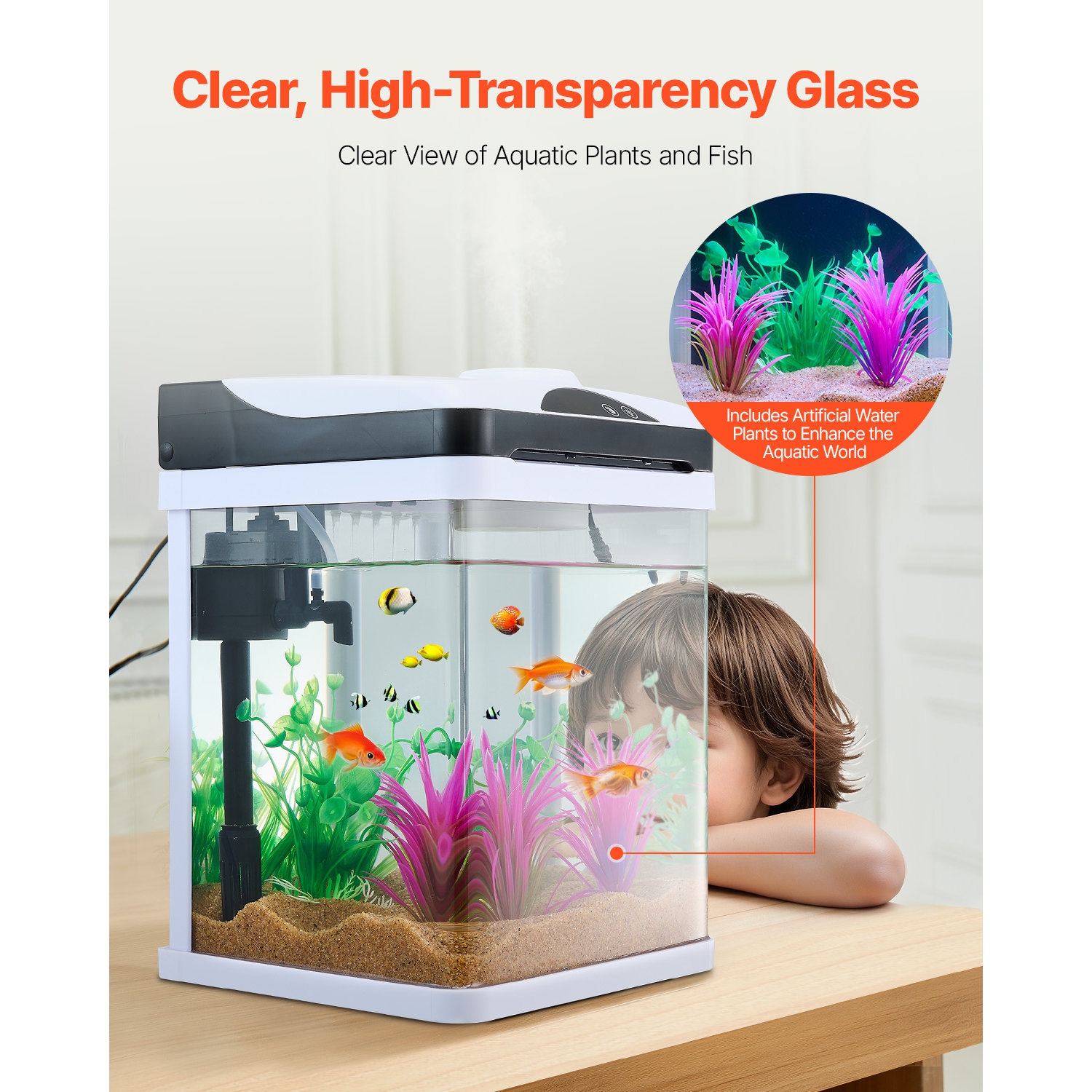 VEVOR 2 Gallon Fish Tank Aquarium, LED Square Ultra-Clear Glass Tank Temp. Monitoring, Adjustable 7-Color Lighting & Self-Cleaning, for