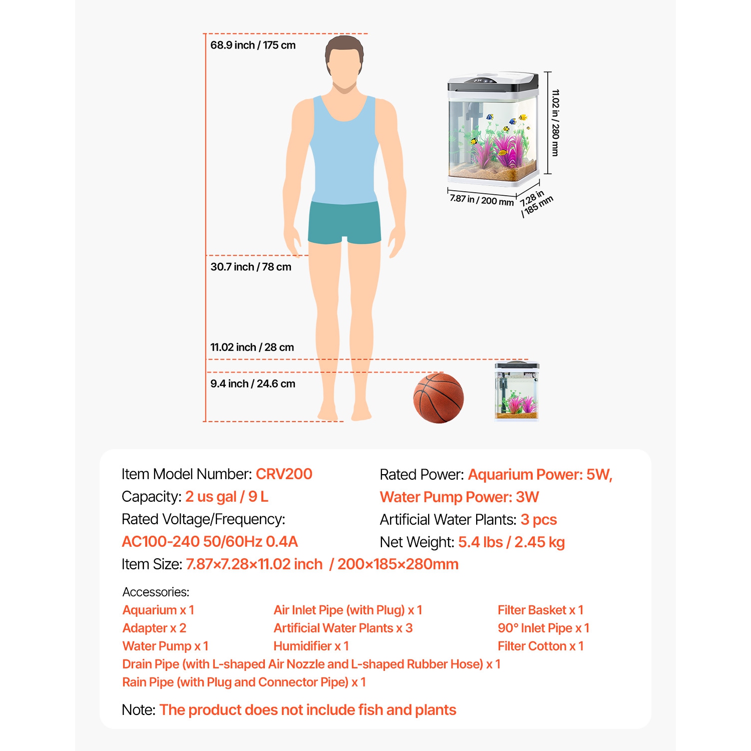 VEVOR 2 Gallon Fish Tank Aquarium, LED Square Ultra-Clear Glass Tank Temp. Monitoring, Adjustable 7-Color Lighting & Self-Cleaning, for