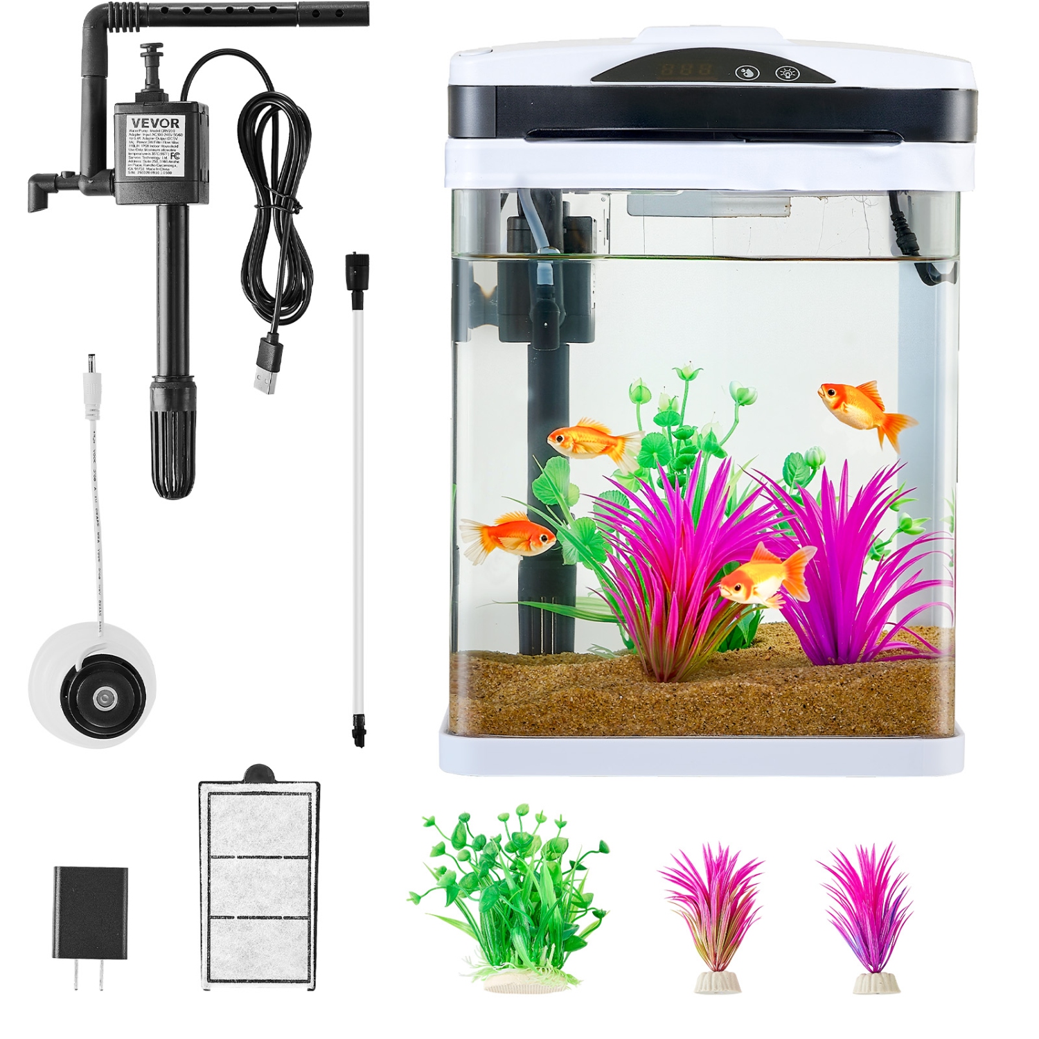 VEVOR 2 Gallon Fish Tank Aquarium, LED Square Ultra-Clear Glass Tank Temp. Monitoring, Adjustable 7-Color Lighting & Self-Cleaning, for