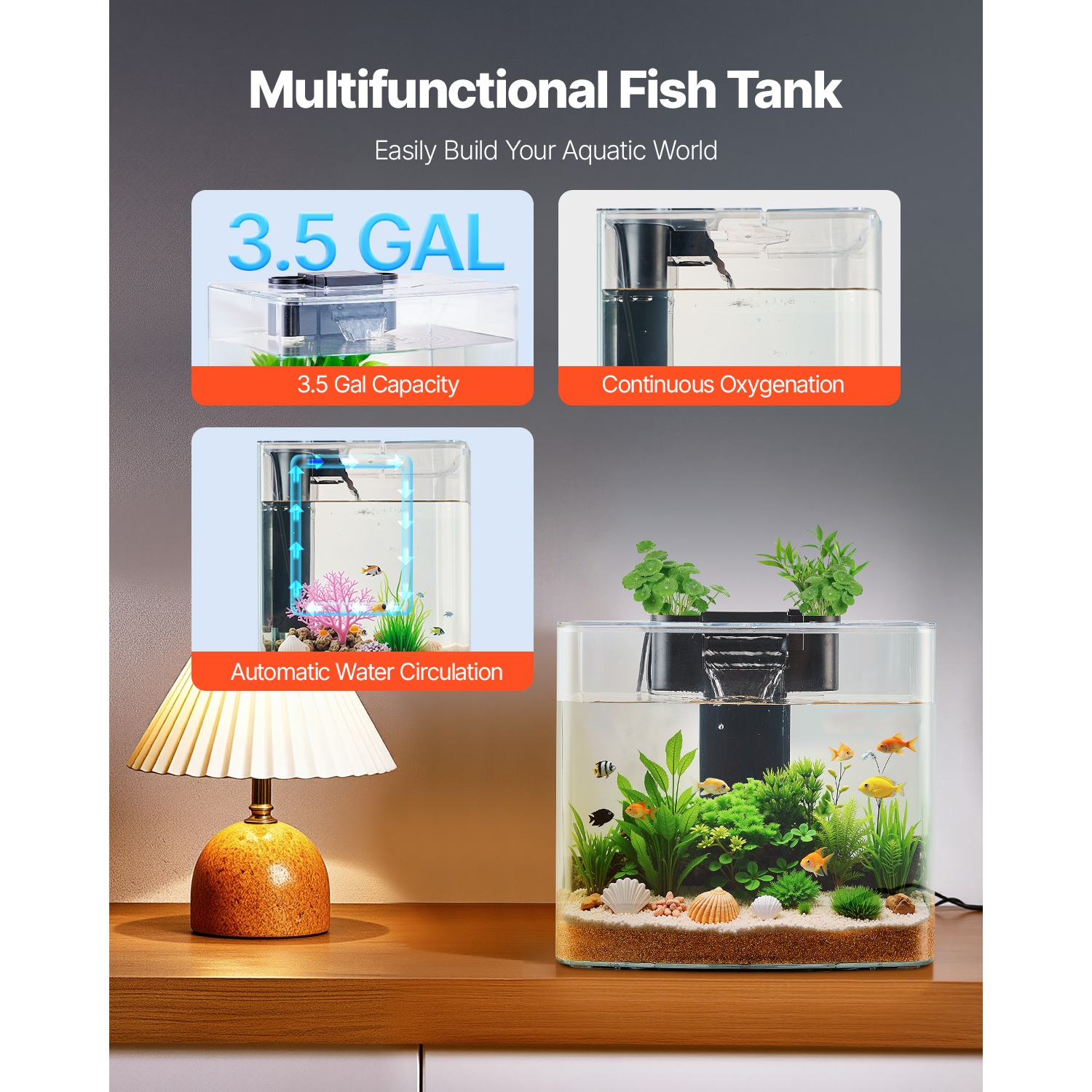 VEVOR 3.5 Gallon Fish Tank Aquarium, Arch Ultra-Clear GPPS Starter Smart Tank Adjustable 3-Color Lighting, Self Cleaning System for
