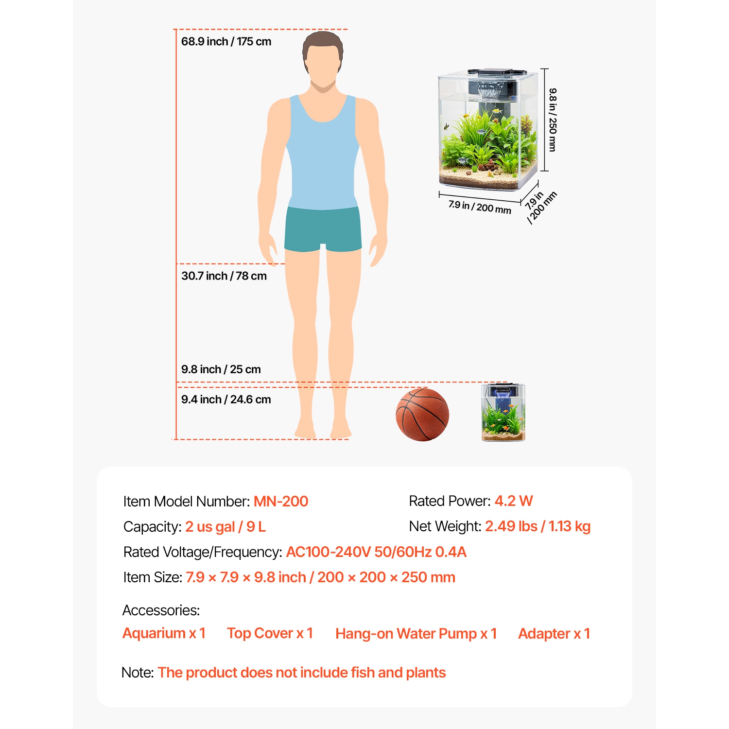 VEVOR 2 Gallon Fish Tank Aquarium, Arch Ultra-Clear GPPS Starter Smart Tank Adjustable 3-Color Lighting, Self Cleaning System for