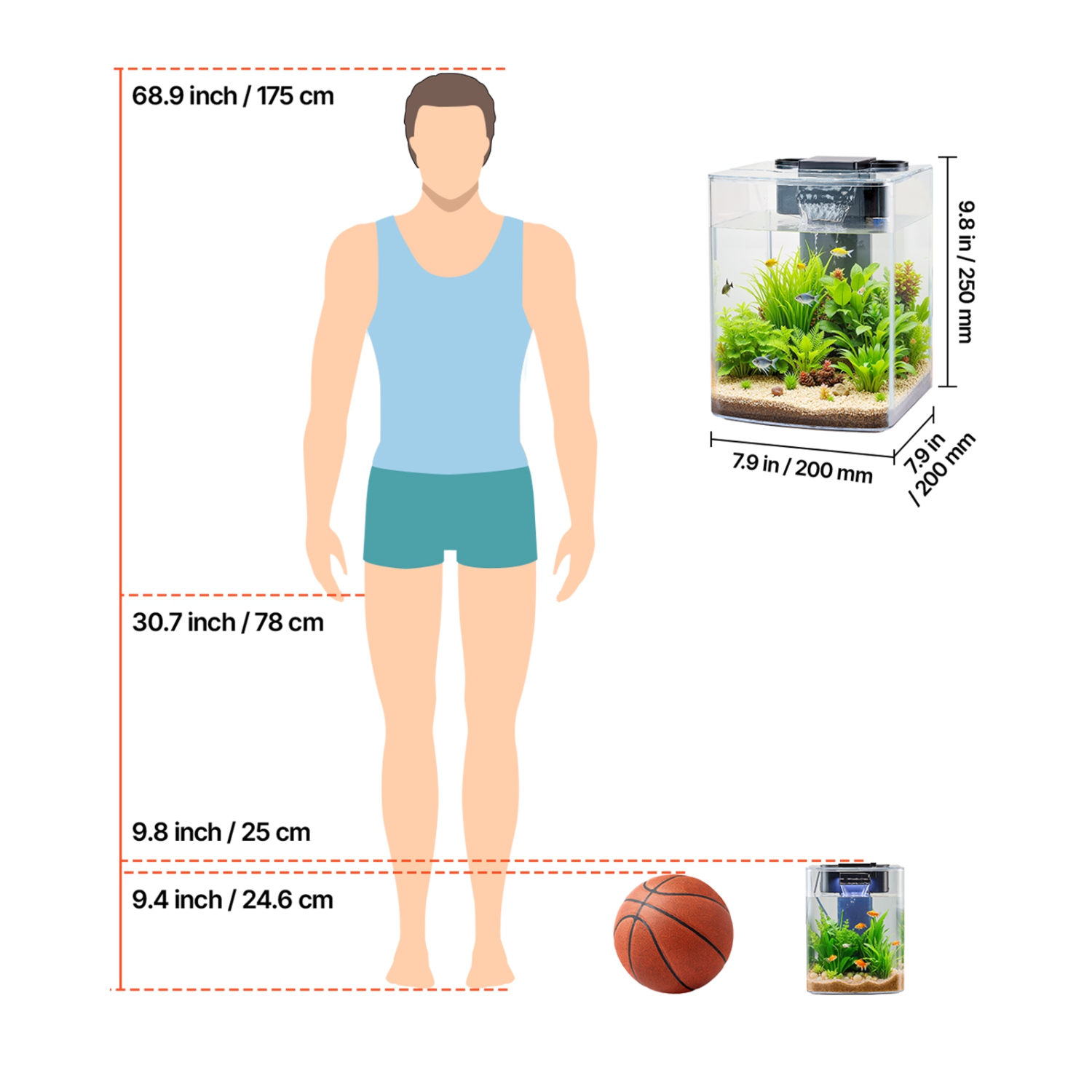 VEVOR 2 Gallon Fish Tank Aquarium, Arch Ultra-Clear GPPS Starter Smart Tank Adjustable 3-Color Lighting, Self Cleaning System for