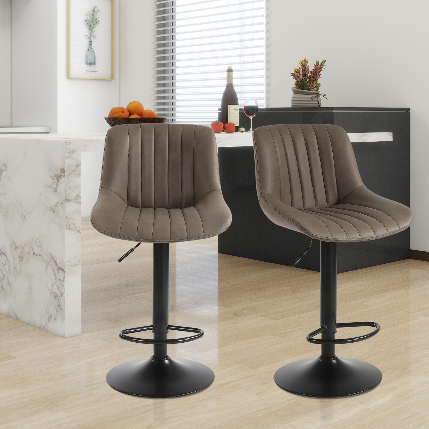 PU Leather Bar Stools Set of 2, Adjustable Swivel Counter Height Barstools with Back, Kitchen Island Stool Dining Chairs