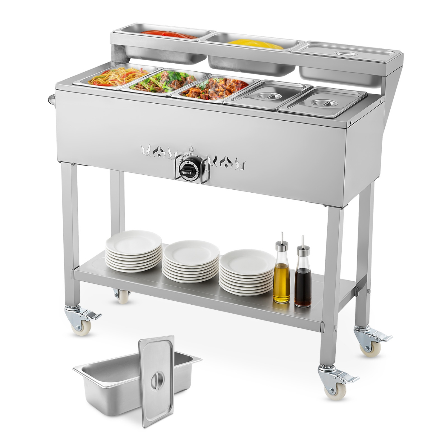 VEVOR Commercial Propane Steam Table, 5 Food Pans & 3 Condiment Pans, LP Gas Soup Warmer with Drain Valve and 3" Wheels, Stainless Steel Food Warmer