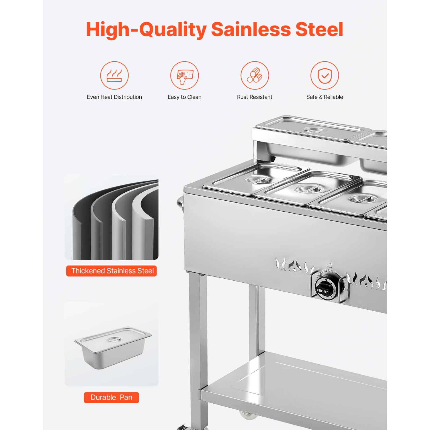 VEVOR Commercial Propane Steam Table, 5 Food Pans & 3 Condiment Pans, LP Gas Soup Warmer with Drain Valve and 3" Wheels, Stainless Steel Food Warmer