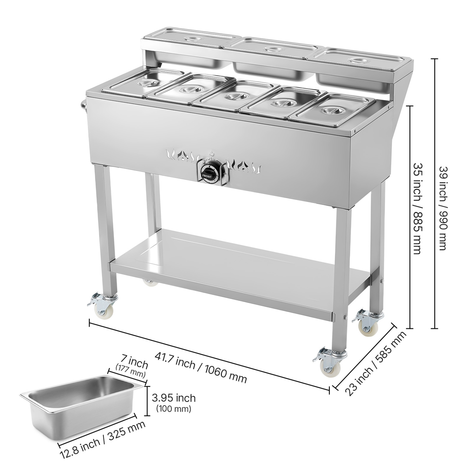 VEVOR Commercial Propane Steam Table, 5 Food Pans & 3 Condiment Pans, LP Gas Soup Warmer with Drain Valve and 3" Wheels, Stainless Steel Food Warmer