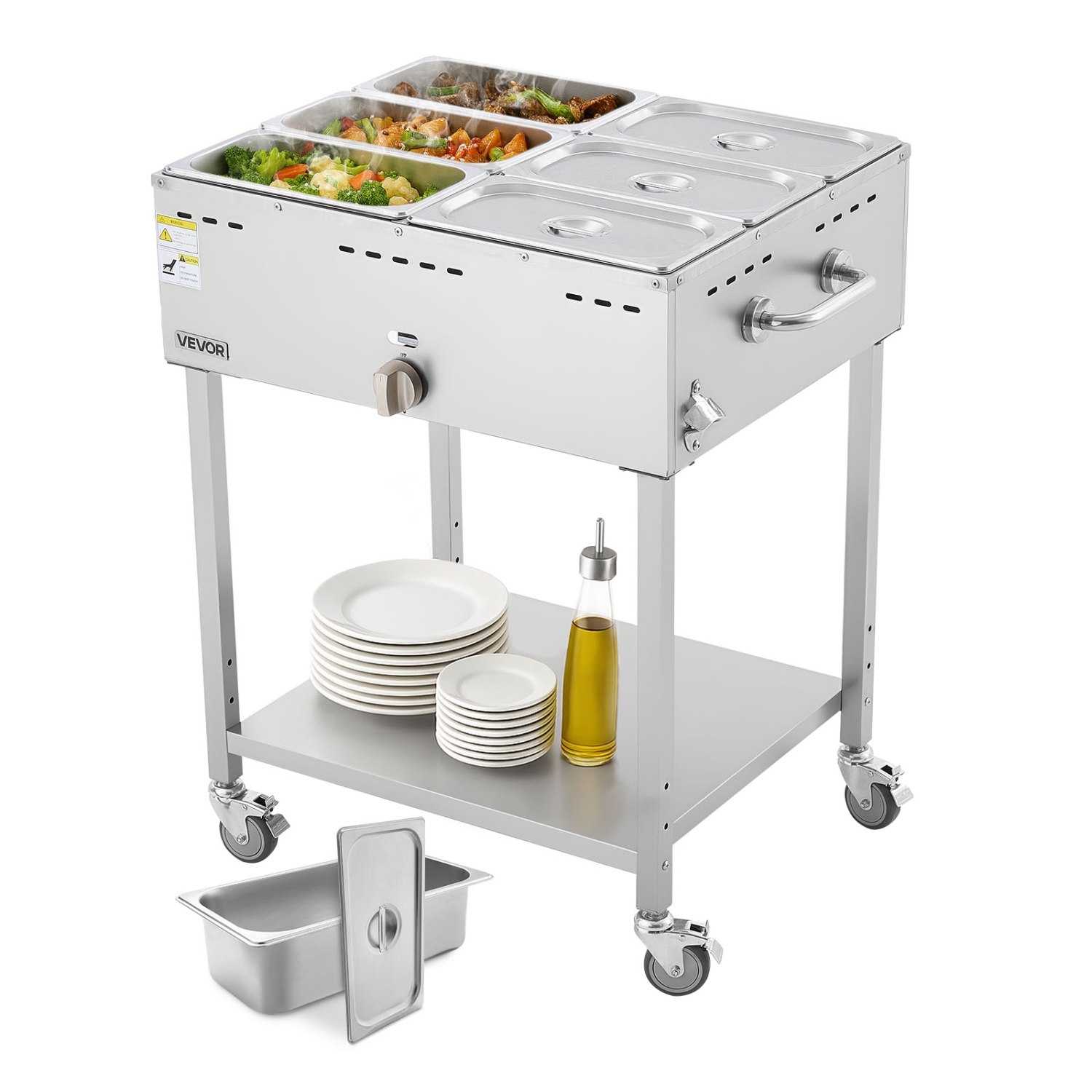 VEVOR 6-Pan Commercial Propane Steam Table, LP Gas Soup Warmer with Drain Valve and 3" Wheels, Stainless Steel Food Warmer with Adjustable