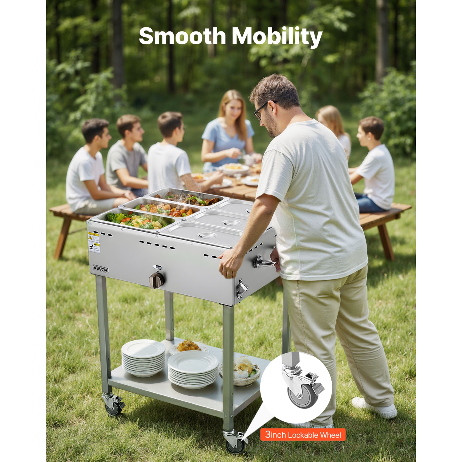 VEVOR 6-Pan Commercial Propane Steam Table, LP Gas Soup Warmer with Drain Valve and 3" Wheels, Stainless Steel Food Warmer with Adjustable