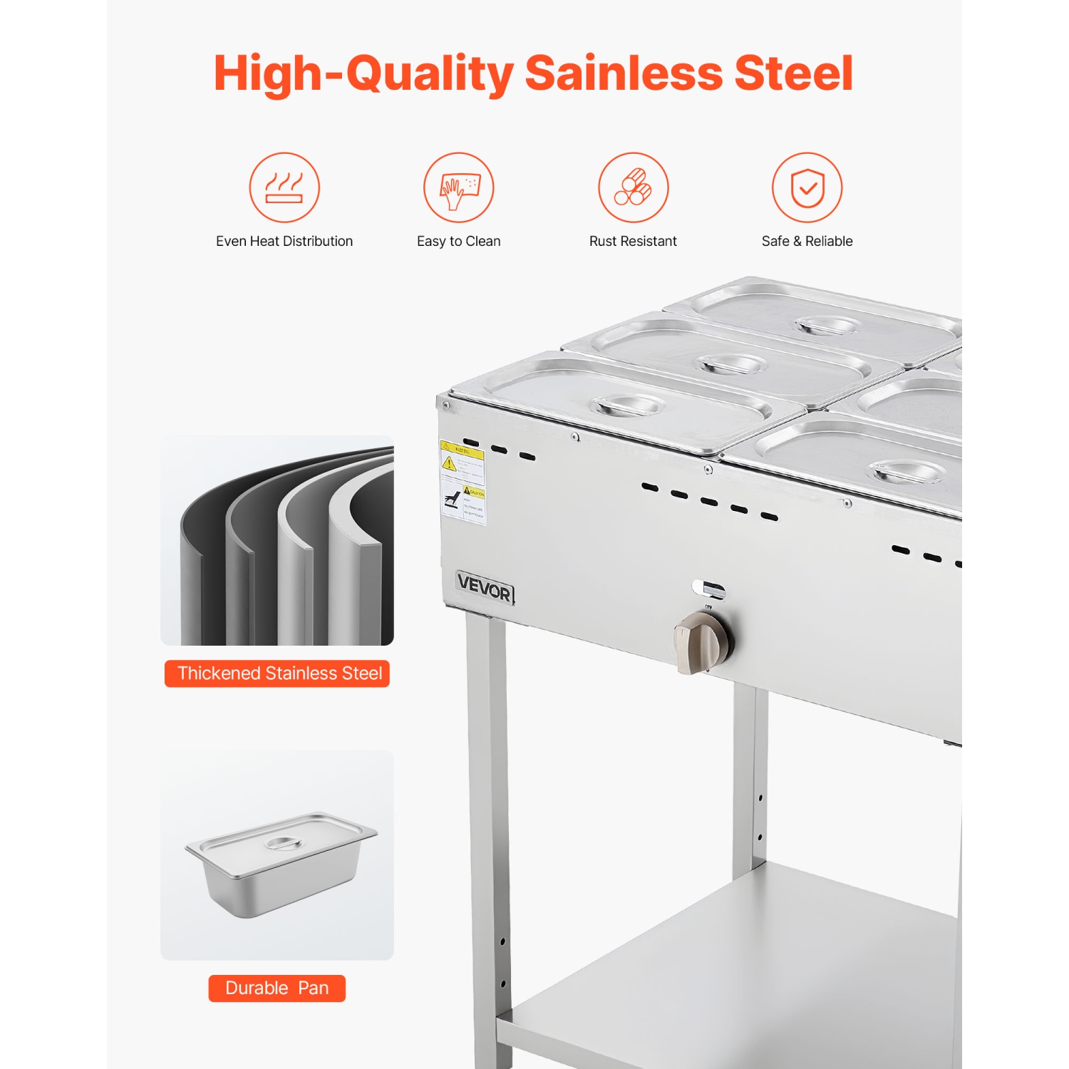 VEVOR 6-Pan Commercial Propane Steam Table, LP Gas Soup Warmer with Drain Valve and 3" Wheels, Stainless Steel Food Warmer with Adjustable