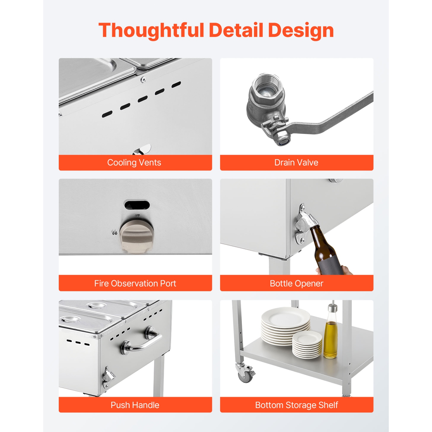 VEVOR 6-Pan Commercial Propane Steam Table, LP Gas Soup Warmer with Drain Valve and 3" Wheels, Stainless Steel Food Warmer with Adjustable