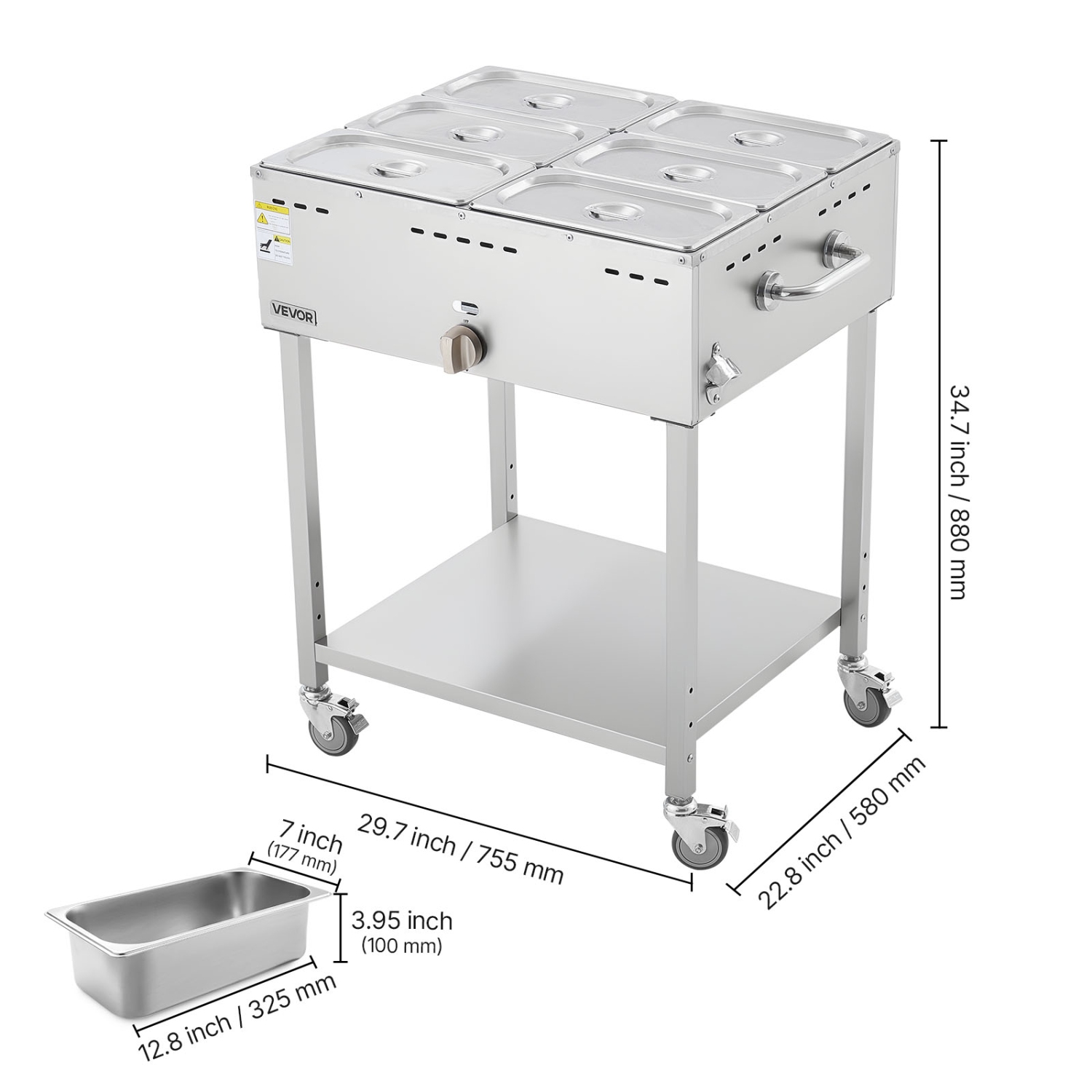 VEVOR 6-Pan Commercial Propane Steam Table, LP Gas Soup Warmer with Drain Valve and 3" Wheels, Stainless Steel Food Warmer with Adjustable