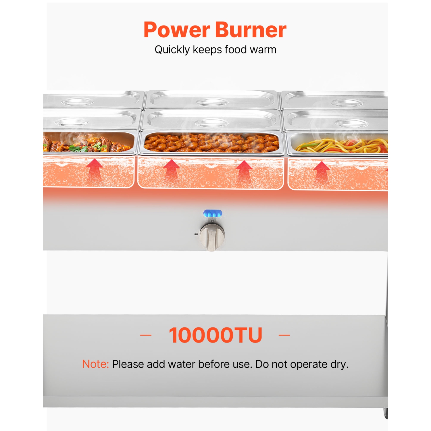 VEVOR 9-Pan Commercial Propane Steam Table, LP Gas Soup Warmer with Drain Valve and 3" Wheels, Stainless Steel Propane Food Warmer with Adjustable