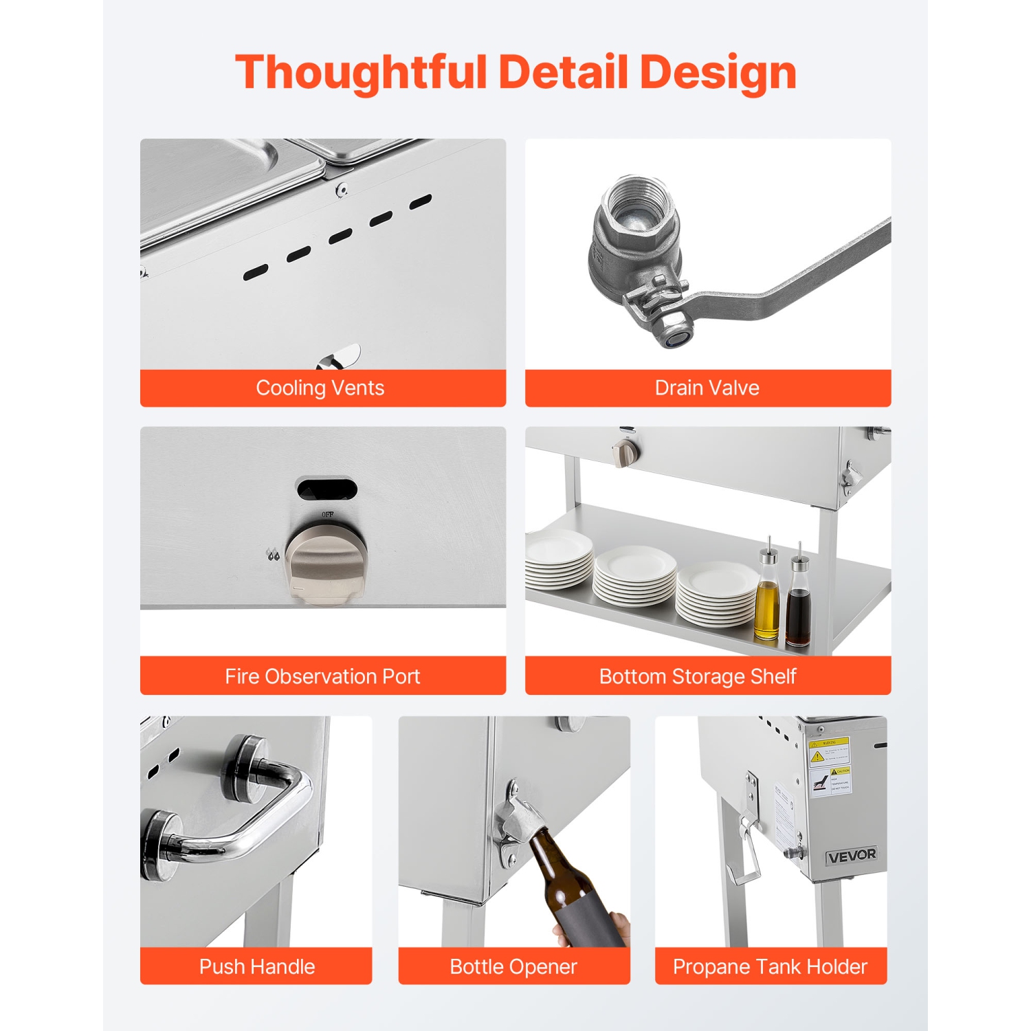 VEVOR 9-Pan Commercial Propane Steam Table, LP Gas Soup Warmer with Drain Valve and 3" Wheels, Stainless Steel Propane Food Warmer with Adjustable