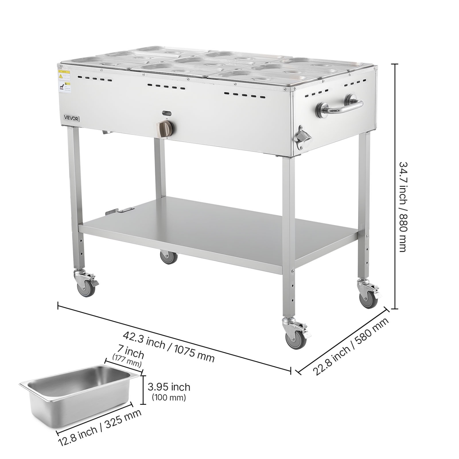 VEVOR 9-Pan Commercial Propane Steam Table, LP Gas Soup Warmer with Drain Valve and 3" Wheels, Stainless Steel Propane Food Warmer with Adjustable