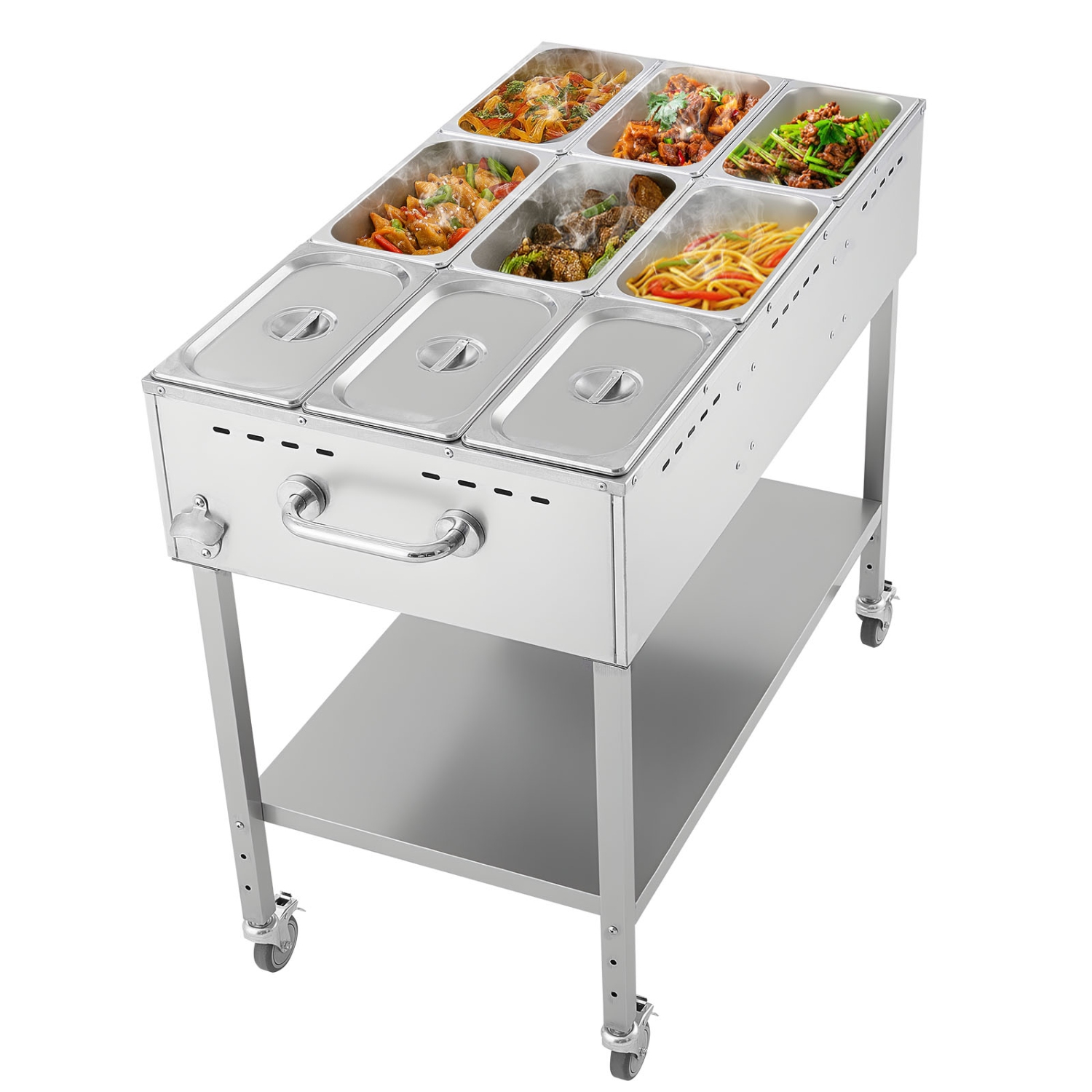 VEVOR 9-Pan Commercial Propane Steam Table, LP Gas Soup Warmer with Drain Valve and 3" Wheels, Stainless Steel Propane Food Warmer with Adjustable