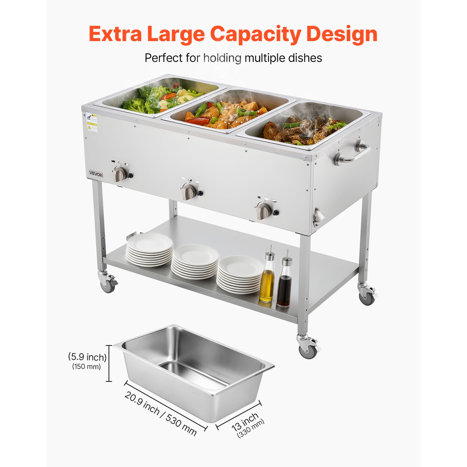 VEVOR 3-Pan Commercial Propane Steam Table, LP Gas Soup Warmer with Drain Valve and 3" Wheels, Stainless Steel Food Warmer with Independent Temp