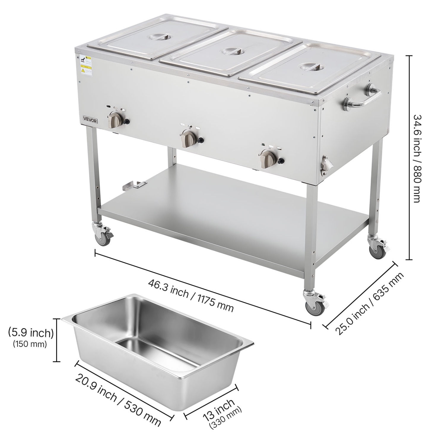 VEVOR 3-Pan Commercial Propane Steam Table, LP Gas Soup Warmer with Drain Valve and 3" Wheels, Stainless Steel Food Warmer with Independent Temp