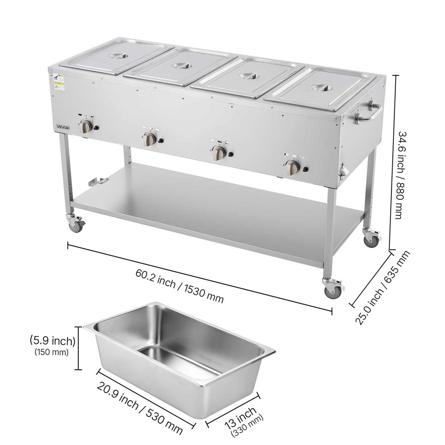 VEVOR 4-Pan Commercial Propane Steam Table, LP Gas Soup Warmer with Drain Valve and 3" Wheels, Stainless Steel Food Warmer with Independent Temp