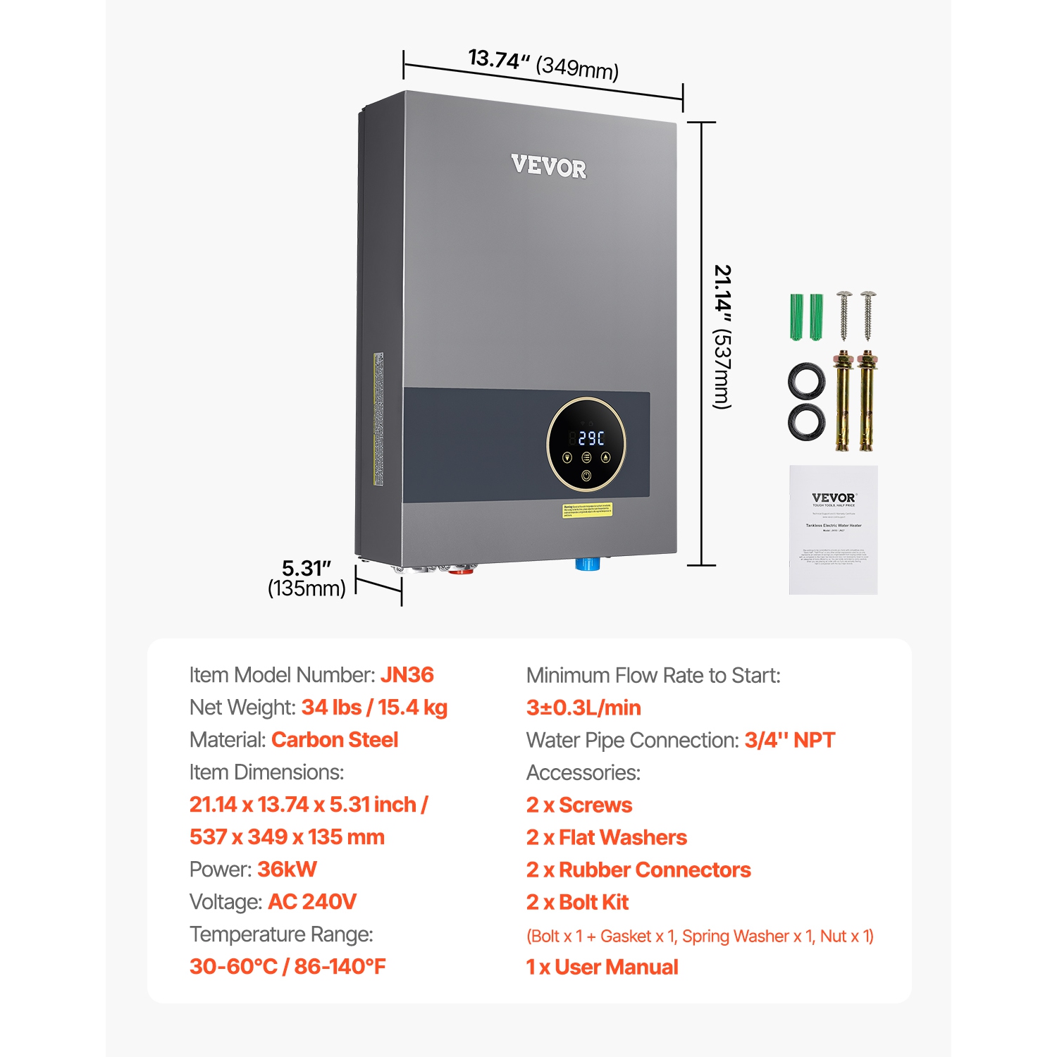 VEVOR 36kW Tankless Electric Water Heater, Instant Hot Water Heater Under Sink, On Demand for Bathroom, Kitchen, Office with LCD Touch Screen,Child