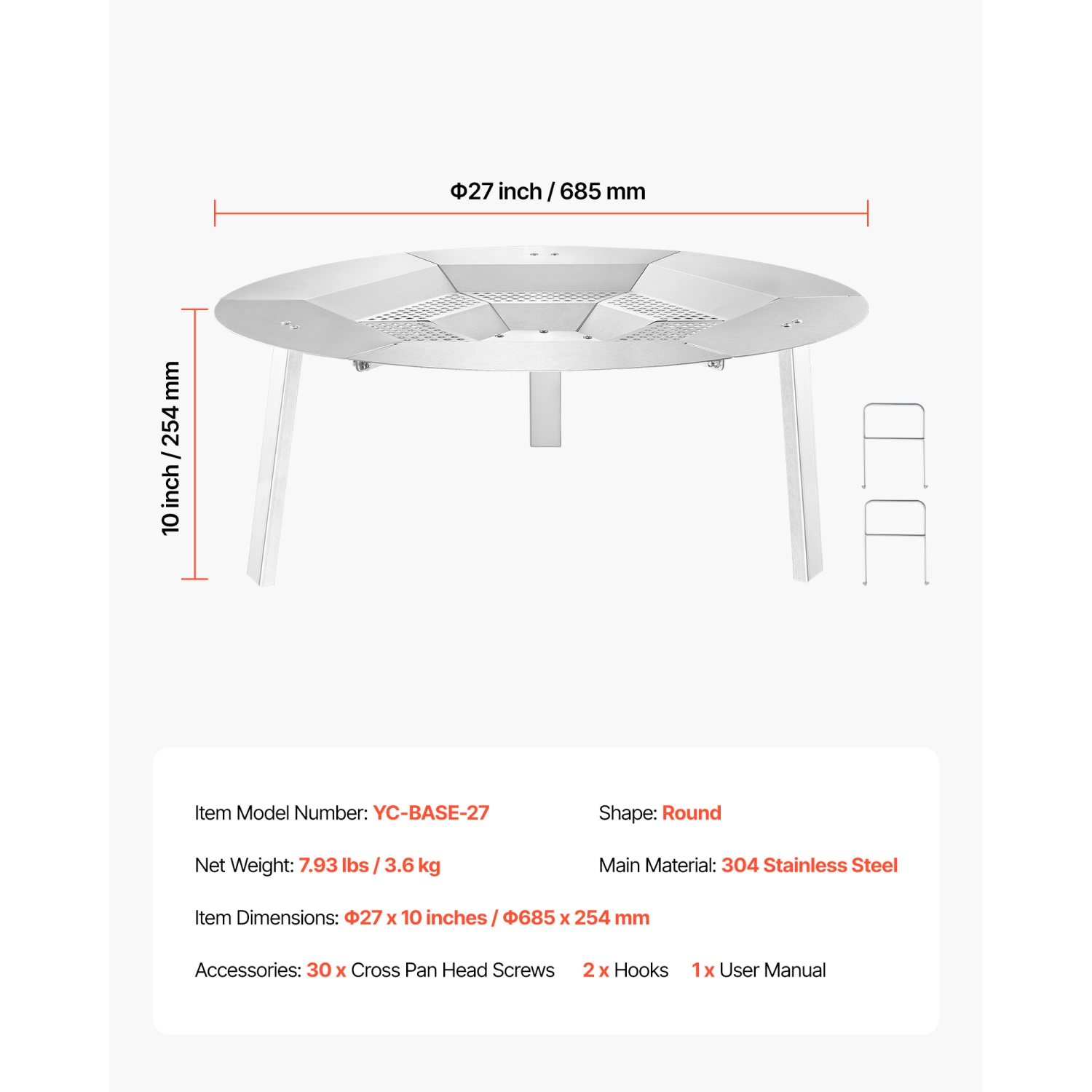 VEVOR 27 inch Fire Pit Heat Deflector for Solo Stove Yukon, Bonfire Round for Wood Burning Fire Pit, 304 Stainless Steel Heat Diffuser, Detachable