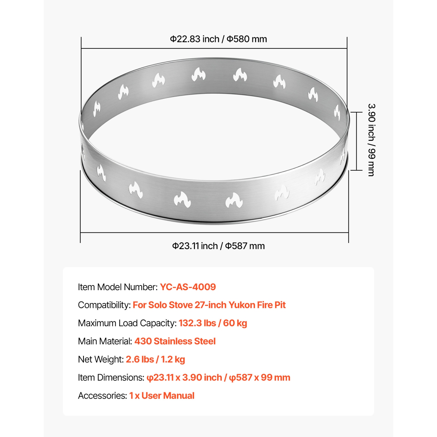 VEVOR 27 Inch Fire Pit Stand for Solo Stove Bonfire,Smokeless Fire Pit Ring,Stainless Steel Fireplace Stove Ranger Support Frame Accessory, Portable