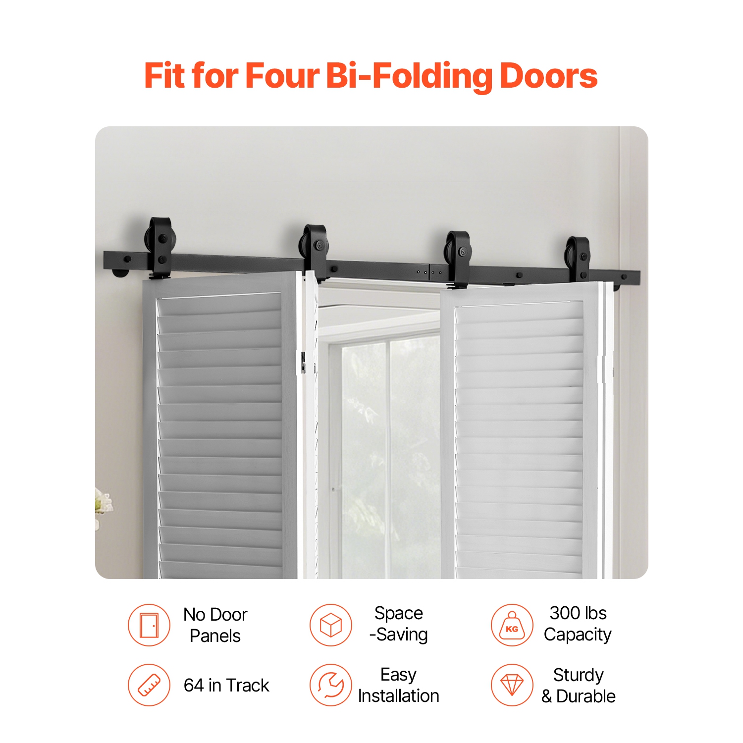VEVOR 64" Bi-Folding Sliding Barn Door Hardware Track Kit, Top Mount Track Kit, Slide Smoothly & Quietly,Heavy Duty,Suitable for Four 15" Closet