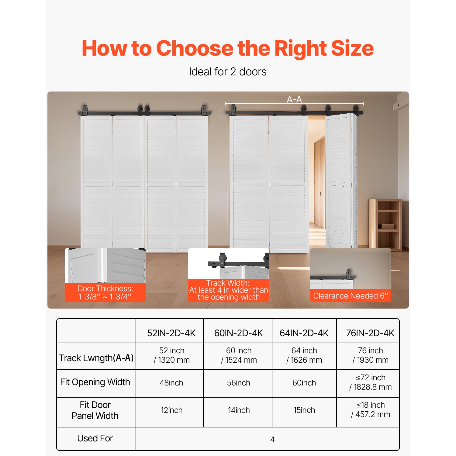 VEVOR 64" Bi-Folding Sliding Barn Door Hardware Track Kit, Top Mount Track Kit, Slide Smoothly & Quietly,Heavy Duty,Suitable for Four 15" Closet