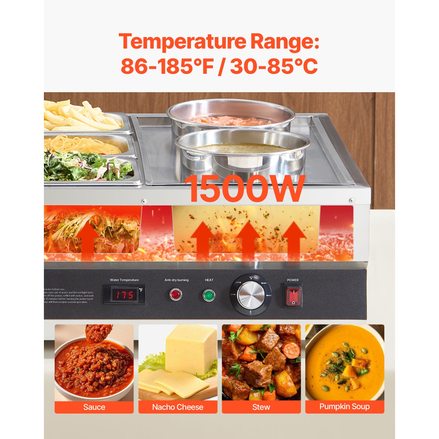 VEVOR 6.34QT Electric Soup Warmer, Two Pots & Three 1/3 Pans, Stainless Steel Commercial Food Warmer with 86~185°F Adjustable Temp, 1500W Bain Marie,